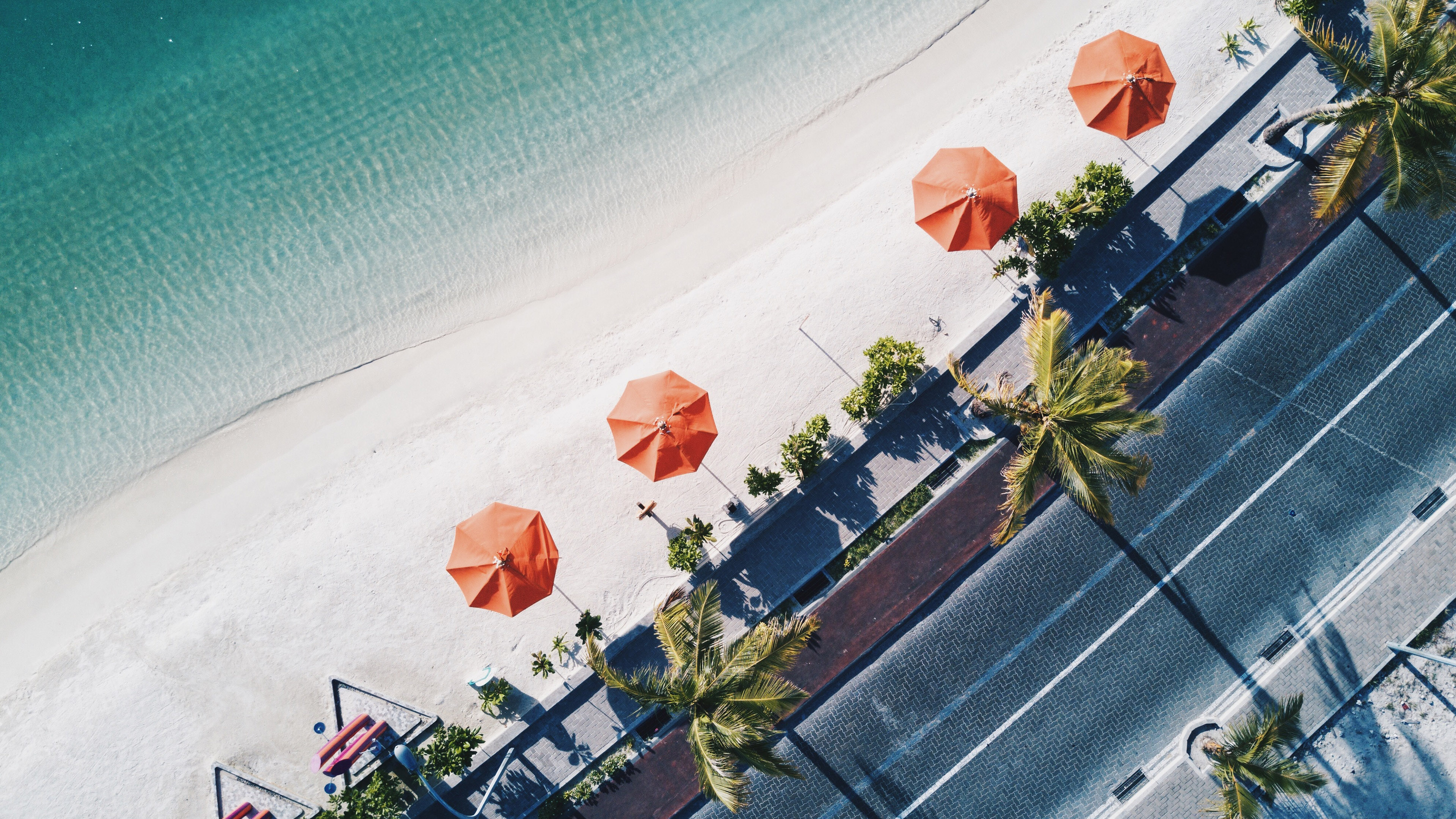 Beach Beach Umbrella Road Palm Trees Aerial View Waves 3840x2160