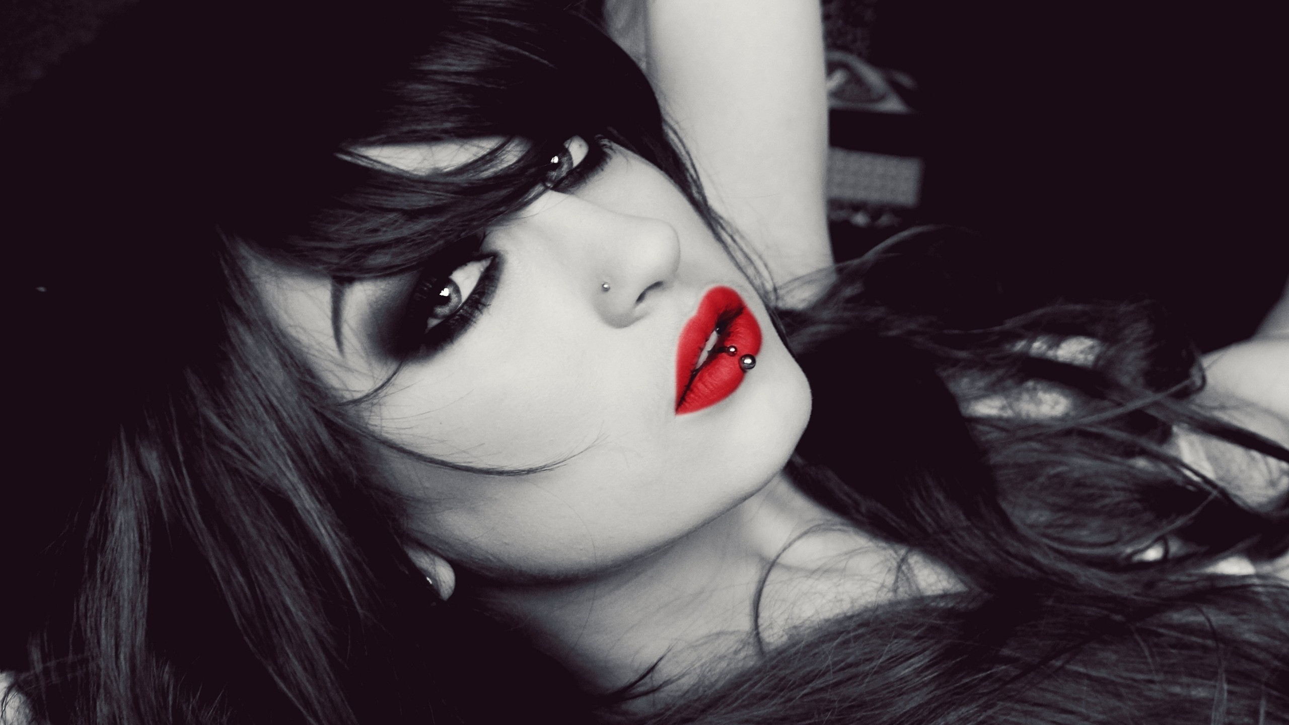 Women Face Lips Selective Coloring Looking At Viewer Piercing Long Hair Model Makeup Niky Von Macabr 2560x1440