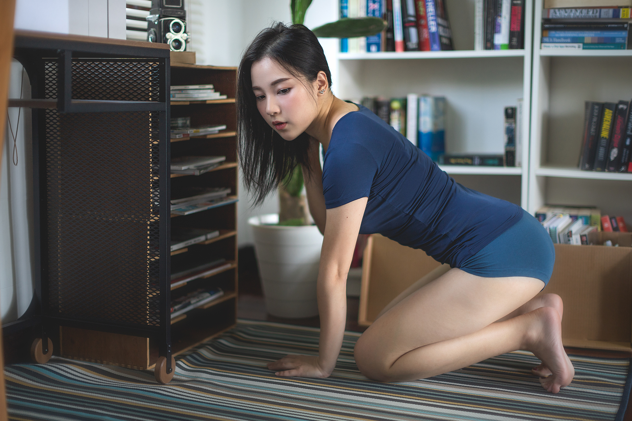 Asian Women Model Brunette Boyshorts Blue Tops Barefoot Books Bookcase Carpets 2048x1365