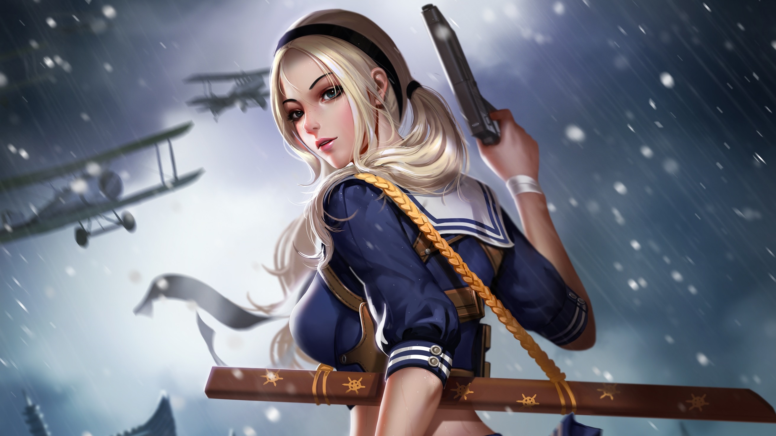 Women Movies Blonde Gun Sucker Punch Looking Back Digital Art Artwork Blue Eyes Airplane Pigtails Sc 2624x1476