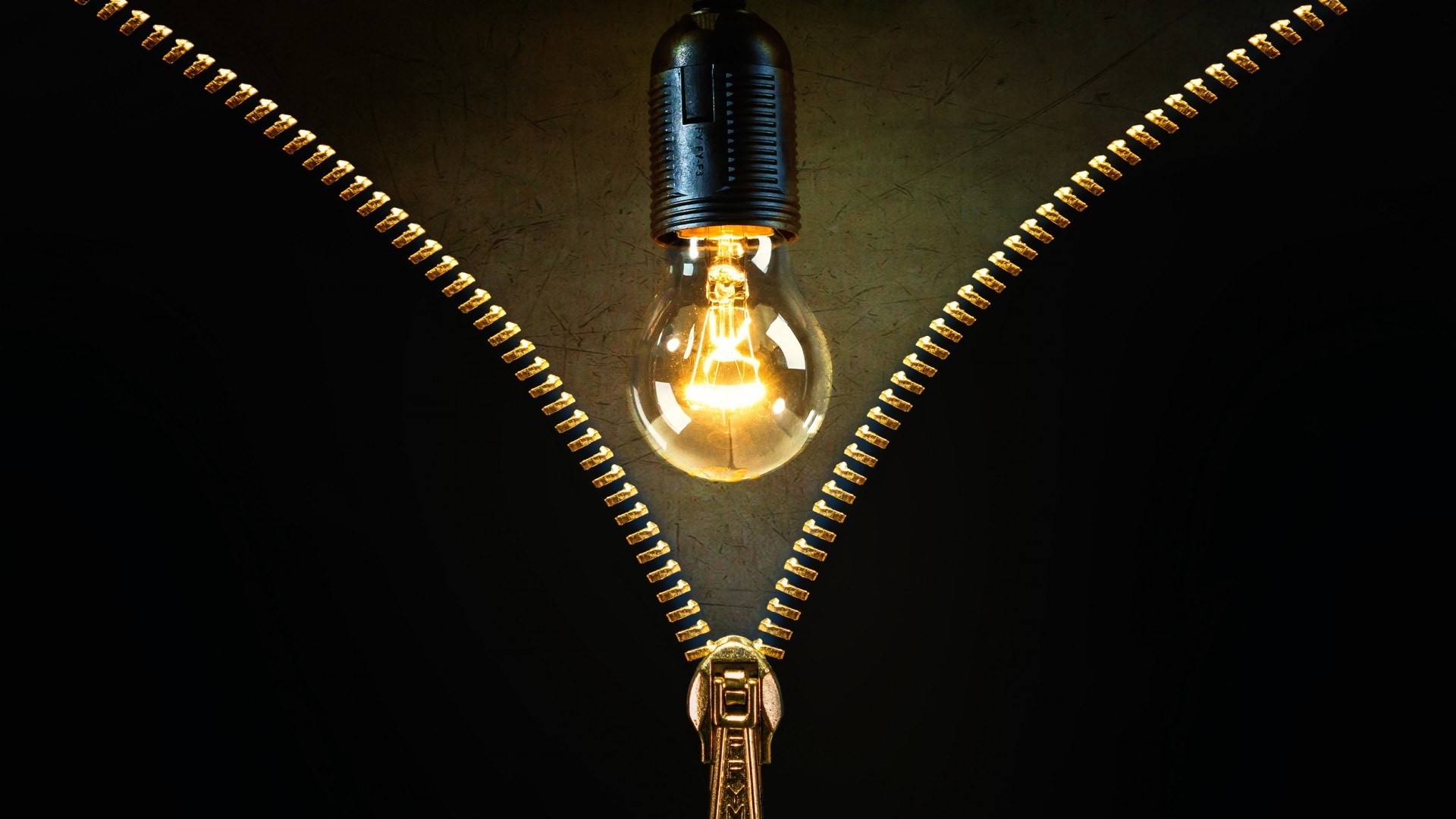 Lightbulb Zippers Lights Gold Black Background Scratches 1920x1080
