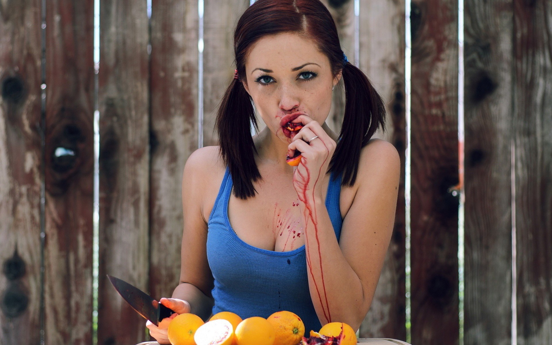 Redhead Women Model Knives Orange Fruit 1920x1200