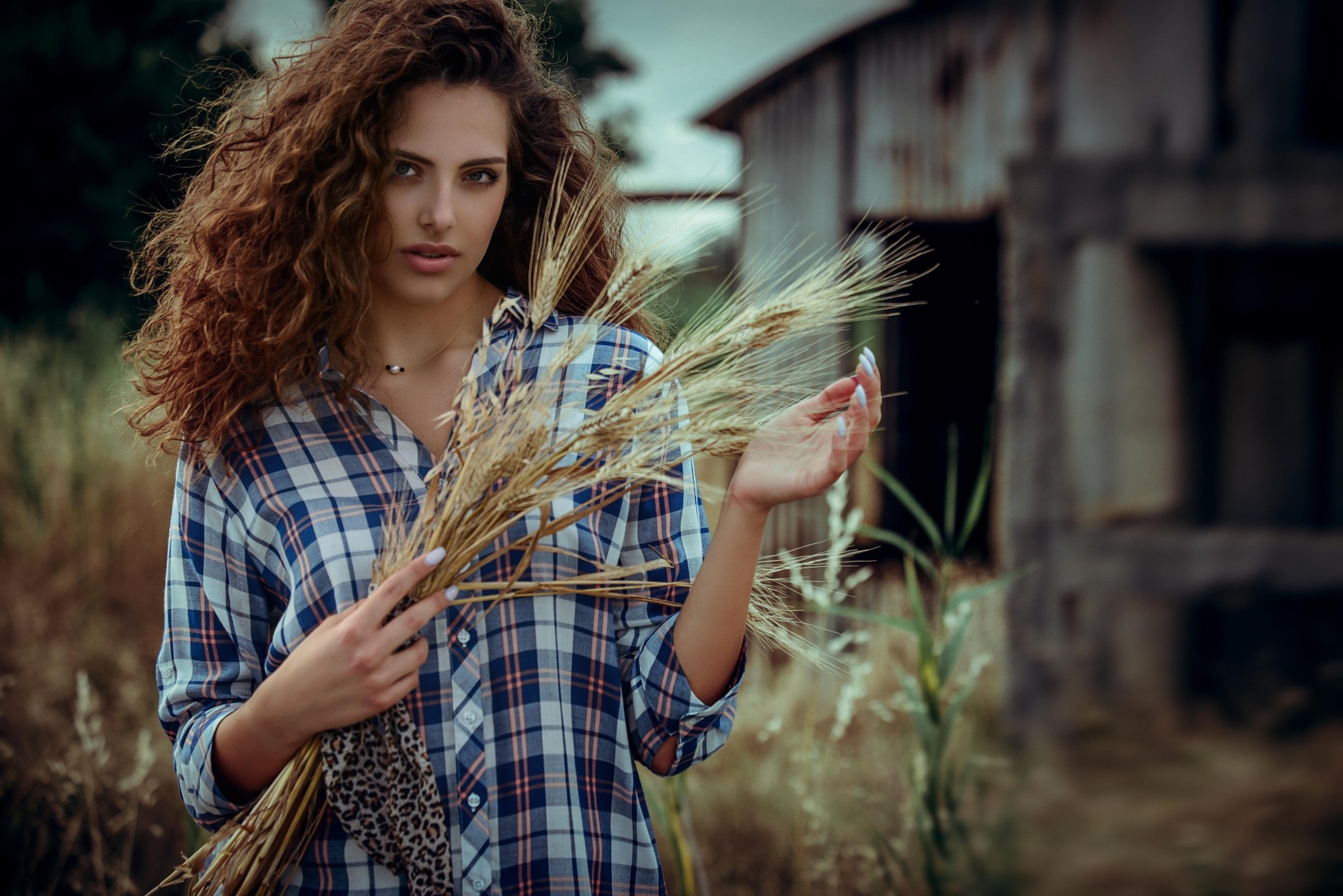 Women Brunette Women Outdoors Face Curly Hair Rye Shirt Portrait Depth Of Field Manthos Tsakiridis 2048x1367