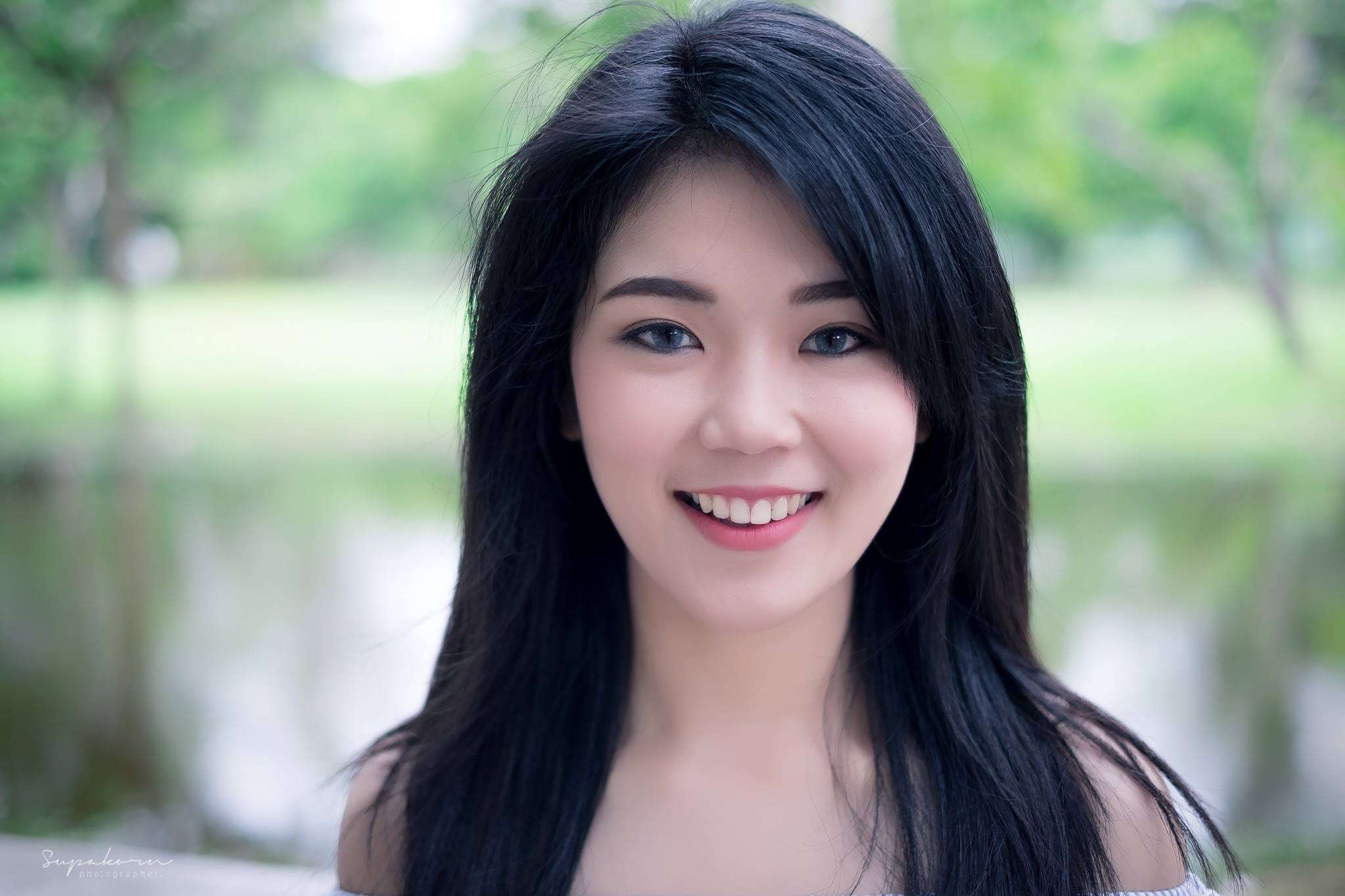 Women Model Asian Smiling Black Hair Depth Of Field Wallpaper