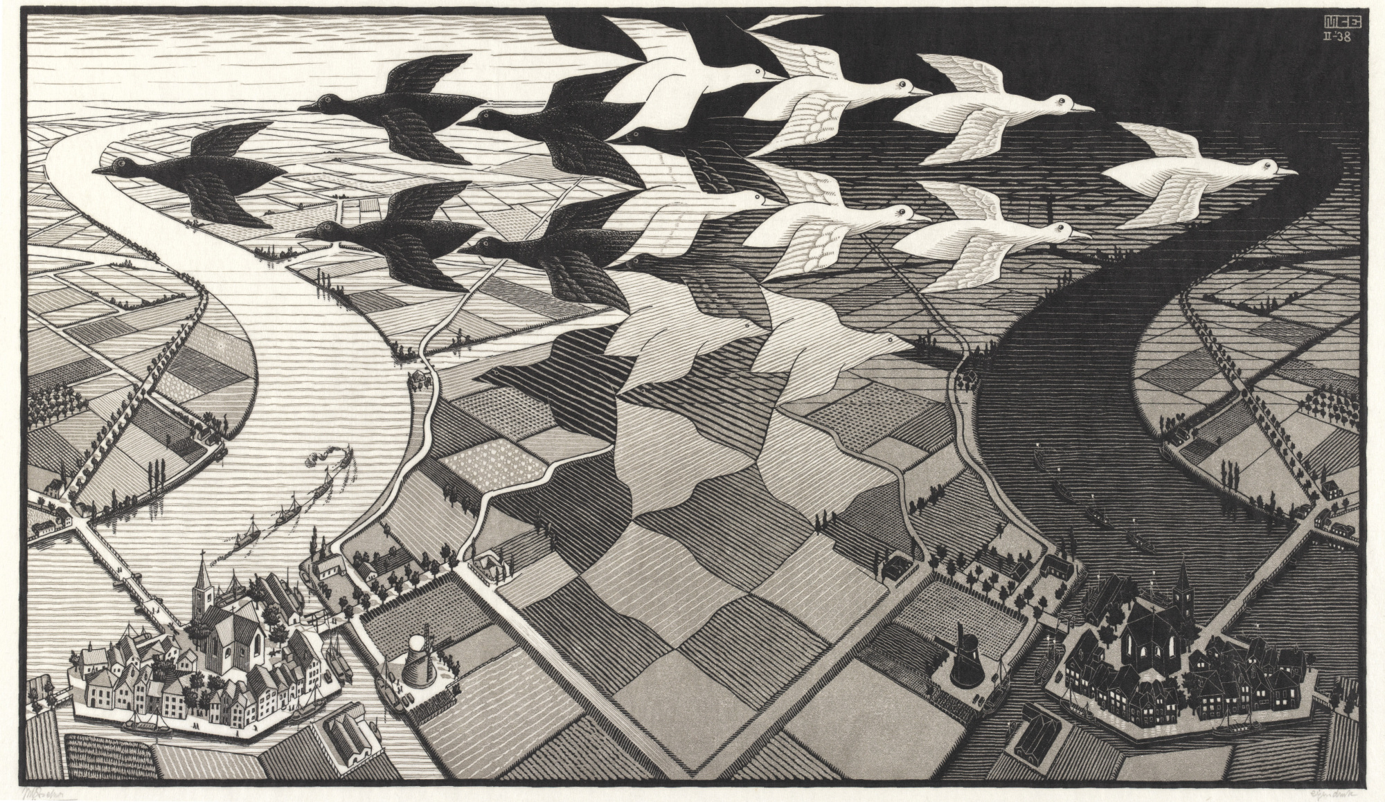 Artwork Optical Illusion M C Escher Drawing Monochrome Village Transformation Field Birds Birds Eye  2000x1159