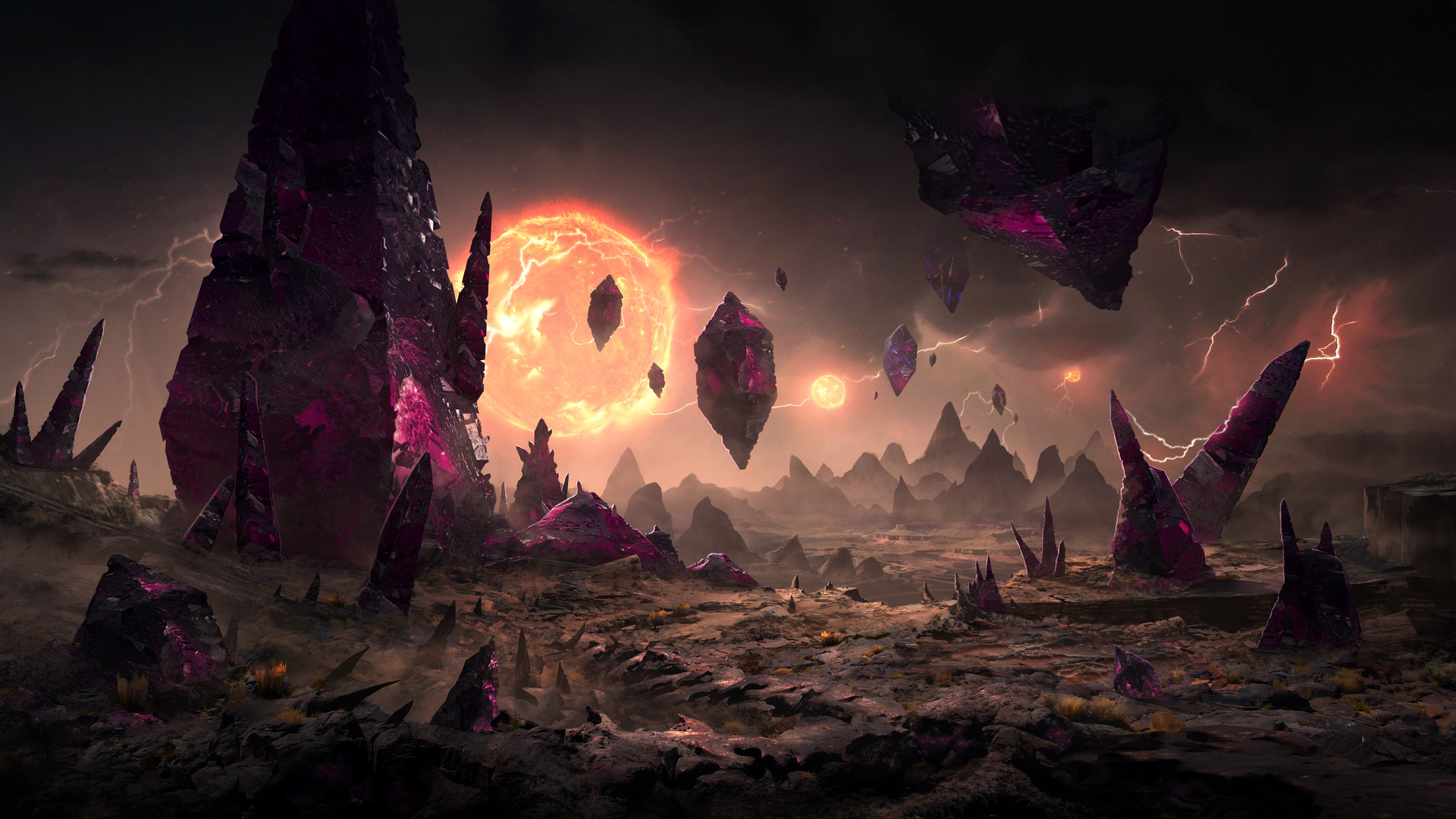 Planet Sun Desolate Rocks Floating Lightning Apocalyptic Dark Crystal 1920x1080