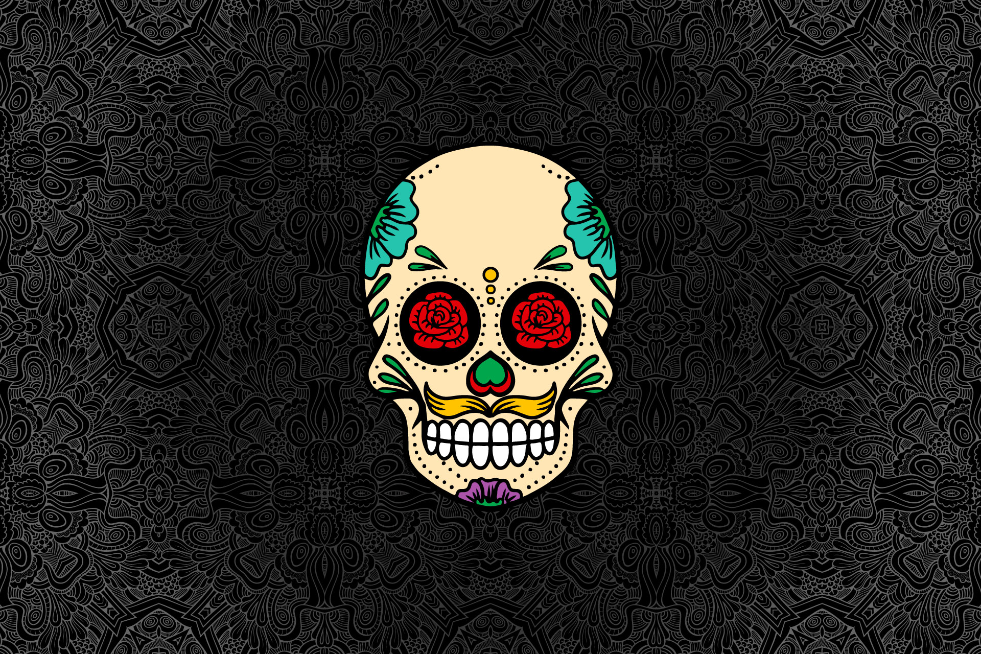 Digital Art Skull Flowers Rose Ornamented Abstract Symmetry 1920x1280