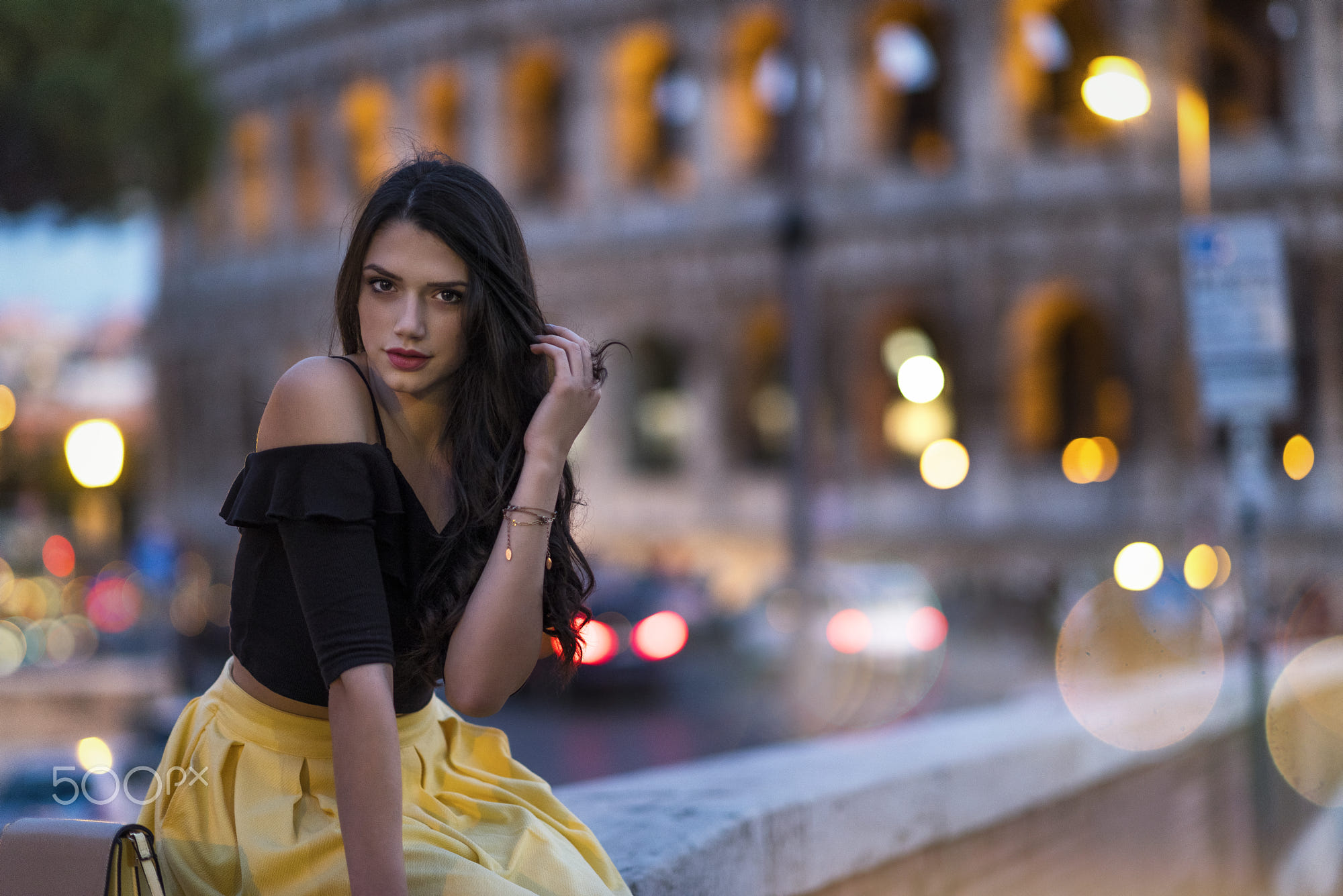 Women Women Outdoors Long Hair Black Hair City Lights Dark Eyes Black Tops Portrait Brunette Sitting 2000x1335