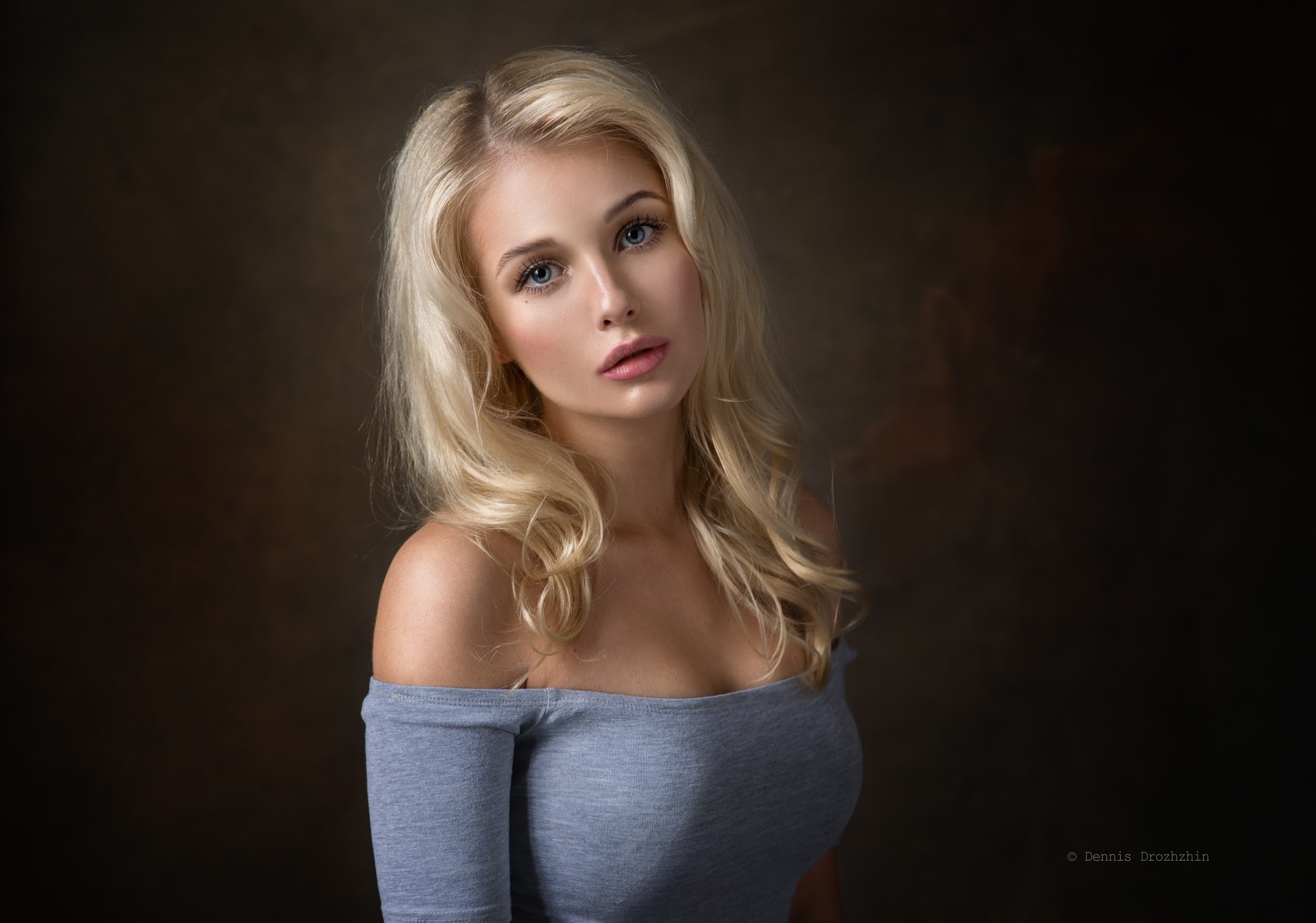 Women Blonde Portrait Simple Background Dennis Drozhzhin Christina 500px Model Gray Eyes Bare Should 2048x1436