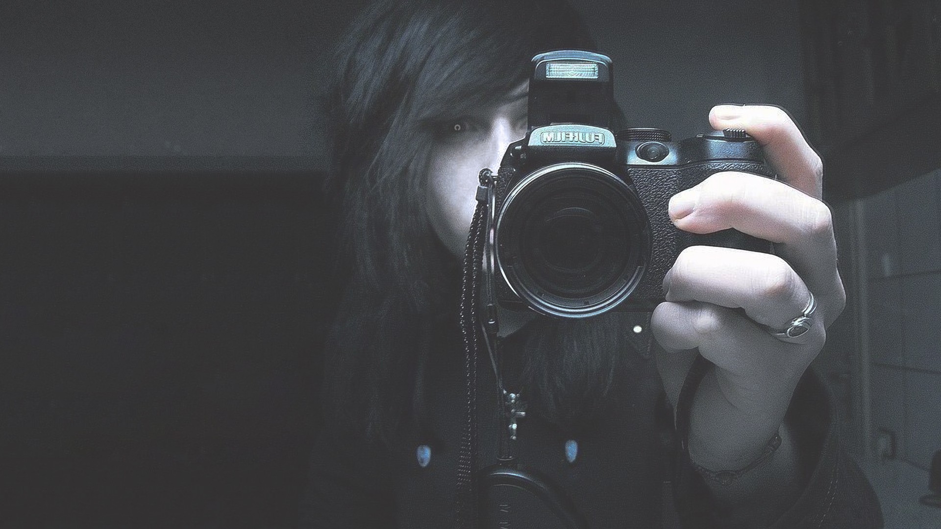 Black Hair Monochrome Photographer Camera Women Self Shot Looking At Viewer Long Hair Eyes Emotional 1920x1080