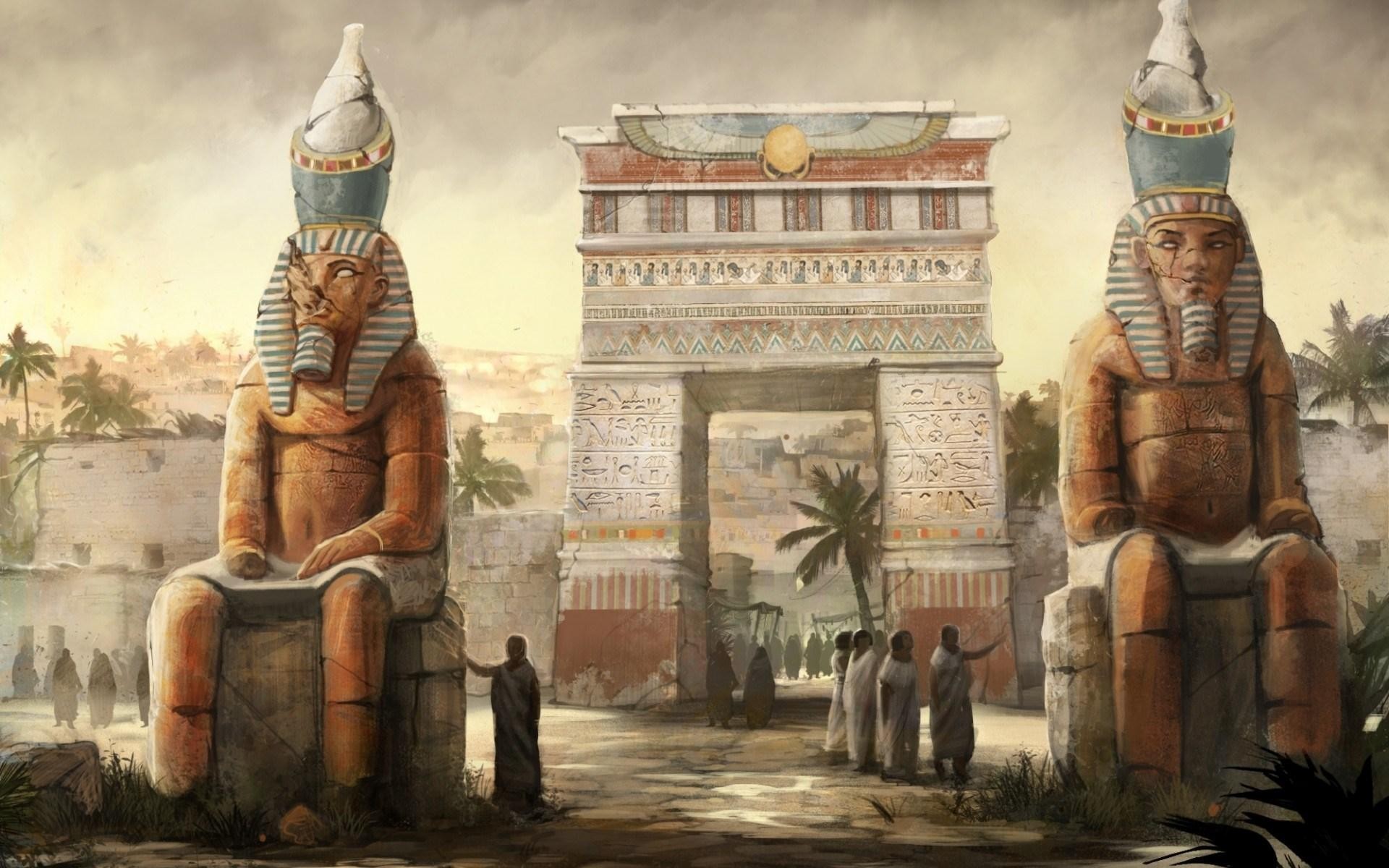 Digital Art Fantasy Art People Egyptian Gods Statue Town Hieroglyphics Palm Trees Artwork Stone Hous 1920x1200