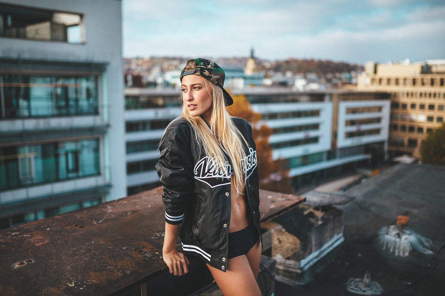 Women Model Lennart Bader Blonde Rooftops Looking Away Baseball Caps Jacket Piercing Black Jackets 1800x1200