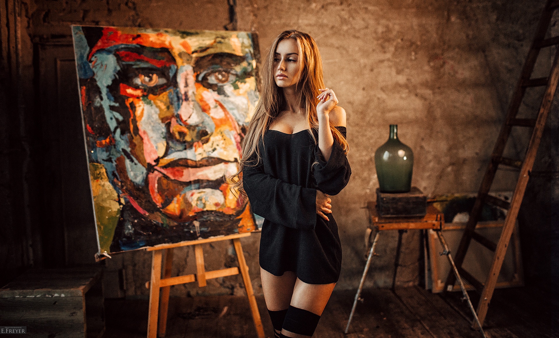 Women Blonde Dress Long Hair Bare Shoulders Black Clothing Looking Away Portrait Noisy Evgeny Freyer 1920x1161