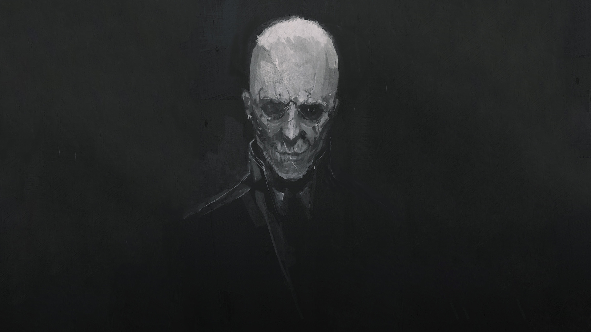 Monochrome Bald Black Clothing Scars Face Gray Artwork Black Sclera Frontal View 1920x1080