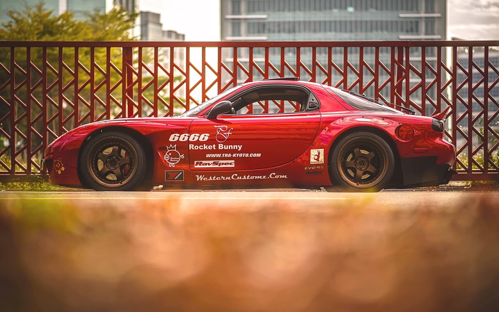 Car Mazda Rx 7 Red Cars Rocket Bunny Mazda RX 7 FD Mazda RX 7 Low Angle Colored Wheels Worms Eye Vie 2048x1280