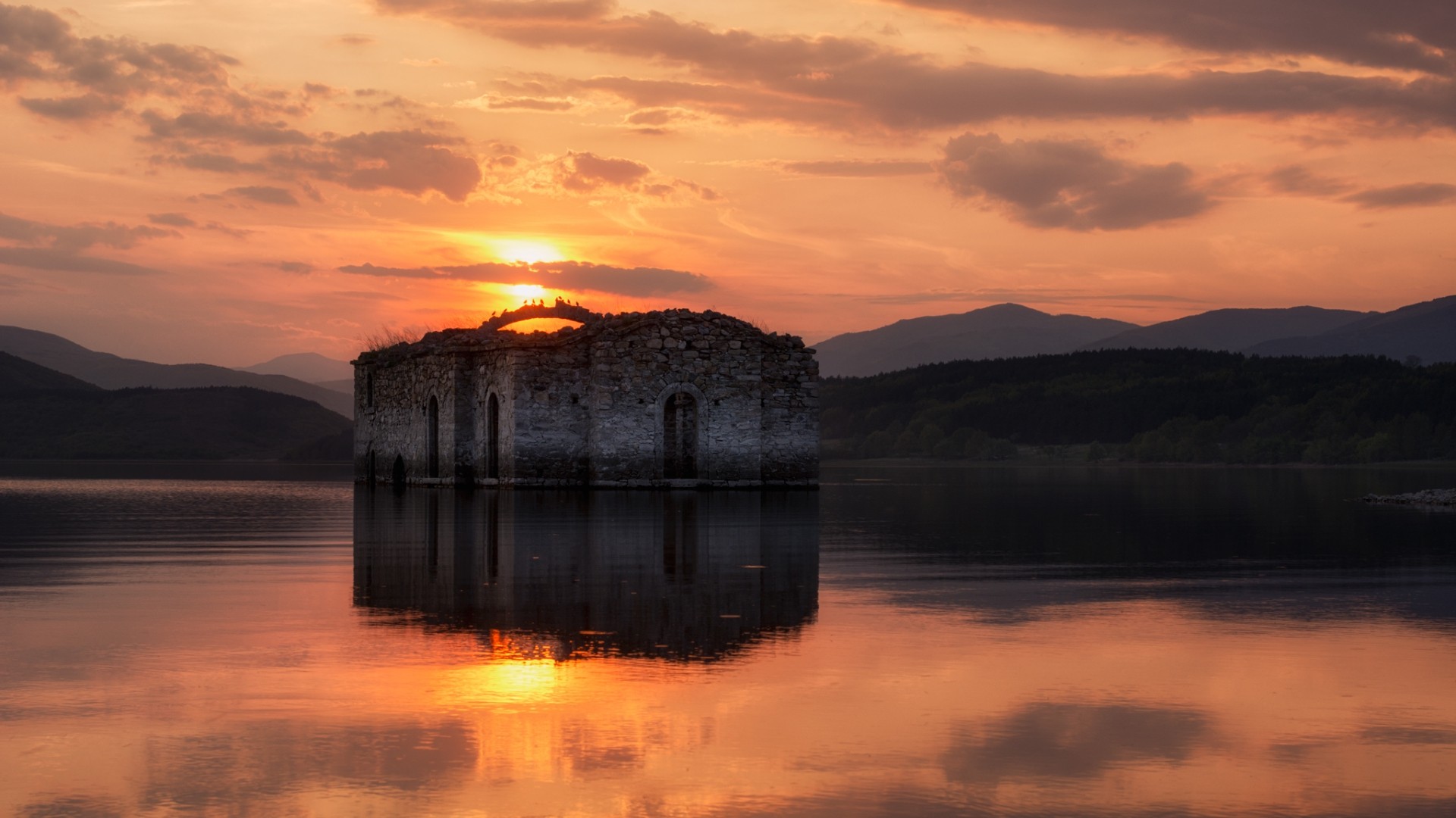 Nature Landscape Water Sun Reflection Clouds Bulgaria Lake Old Building Ruin Church Hills Trees Fore 1920x1080
