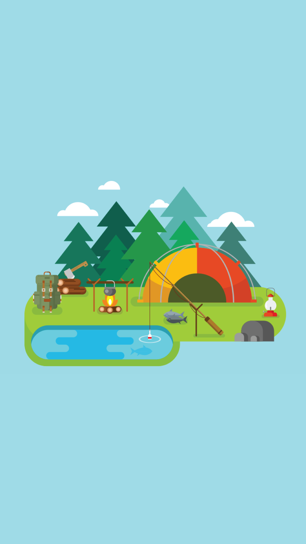 Camping Minimalism Blue Background Trees Tent Fishing Rod Wood Simple Simple Background Artwork 1242x2208