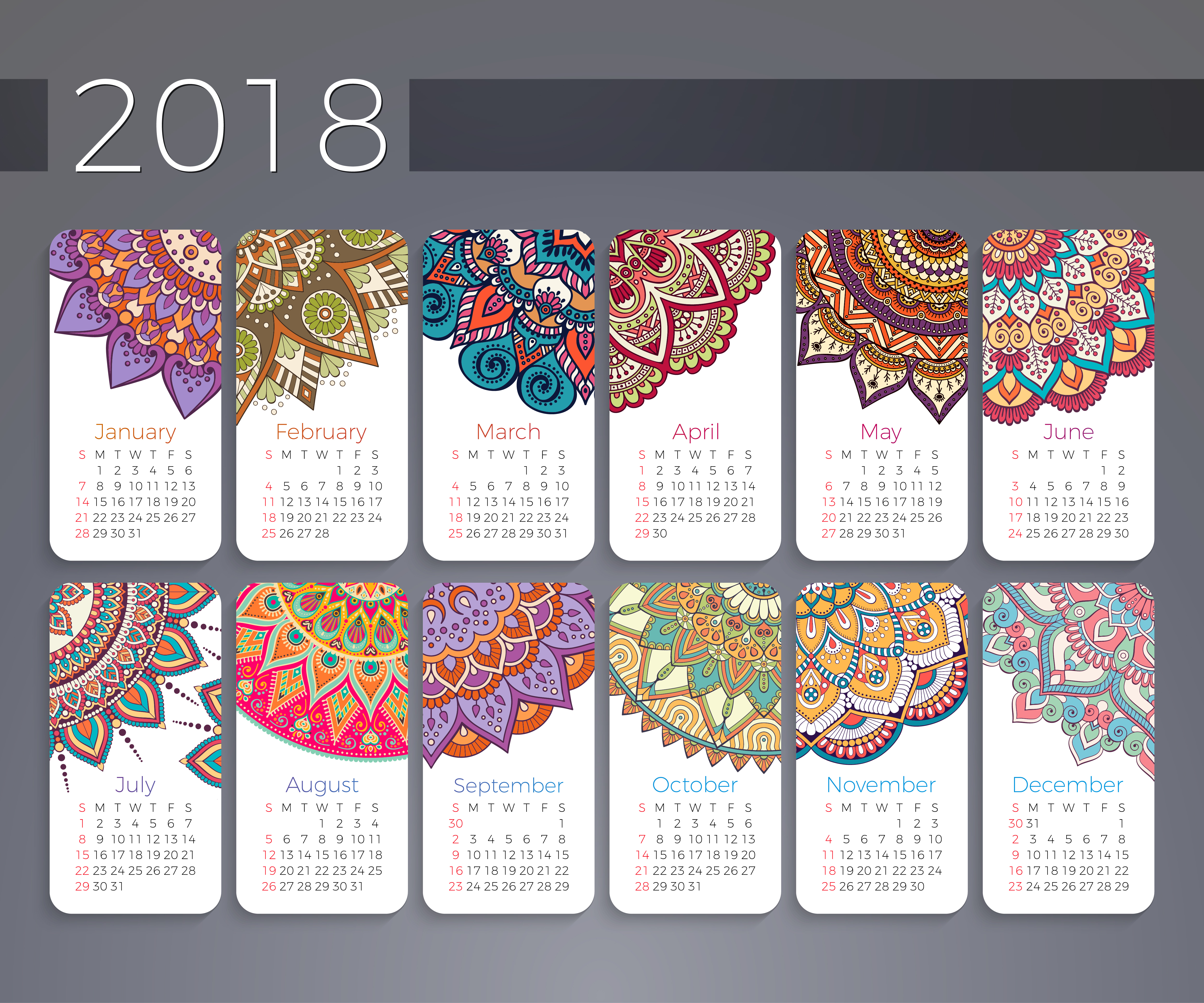 Calendar 2018 Year Month Decorated Abstract Numbers Simple Background Ornamented Mandala Mandalas 5000x4167