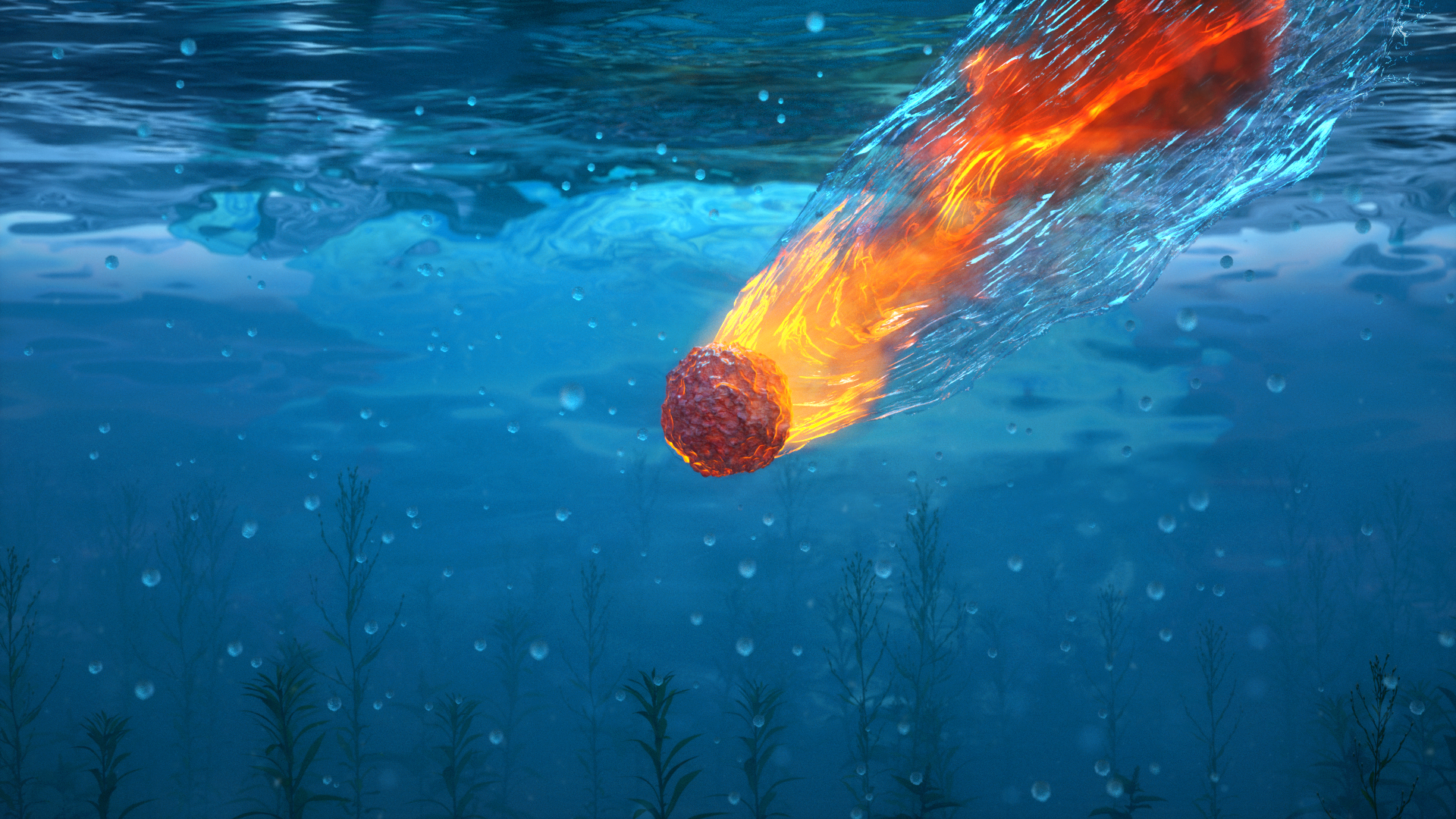 Meteorite Water Water Drops Bubbles Underwater Growth Fire Smoke Deep Sea Falling Seaweed Texture De 1920x1080