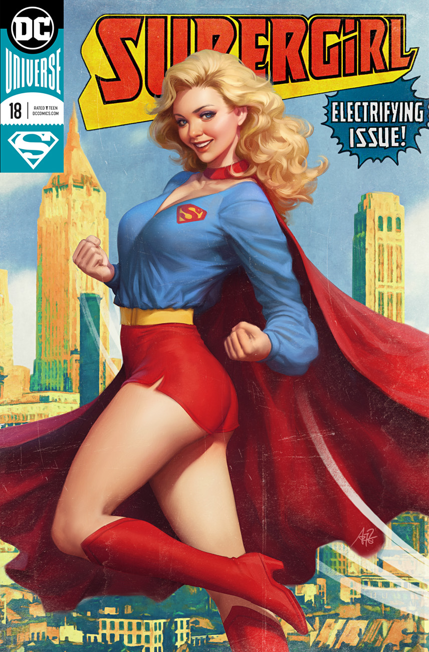 Artgerm Drawing Magazine Cover Women Supergirl Cape Blue Clothing Red Clothing Smiling Blonde Long H 856x1300