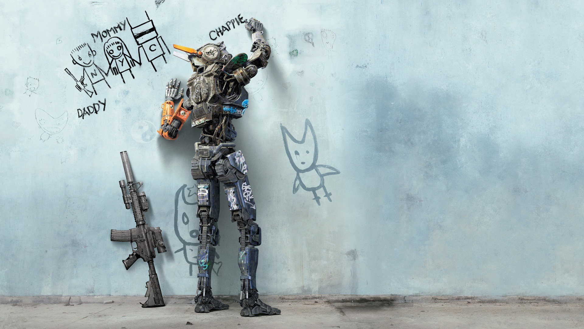 Digital Art Robot Movie Poster Chappie Movies Wall Drawing Writing M4A1 1920x1080