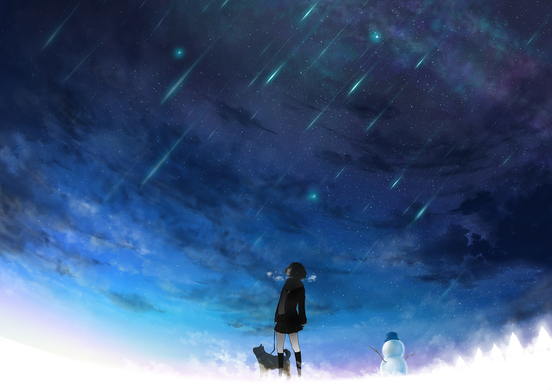 Anime Anime Girls Original Characters Brunette Short Hair Sky Stars Clouds Dog Snowmen 1920x1358