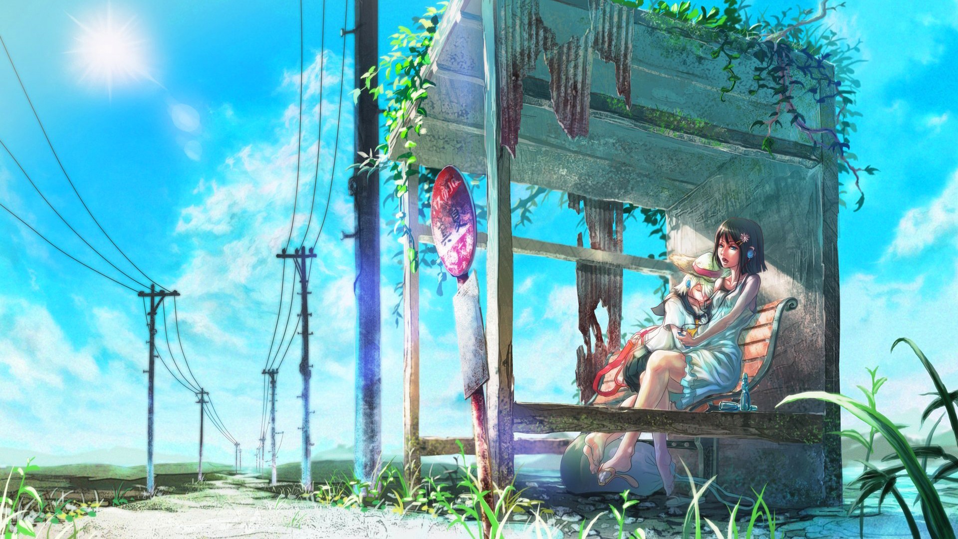 Anime Girls Bus Stop Sky Sun Rays 1920x1080