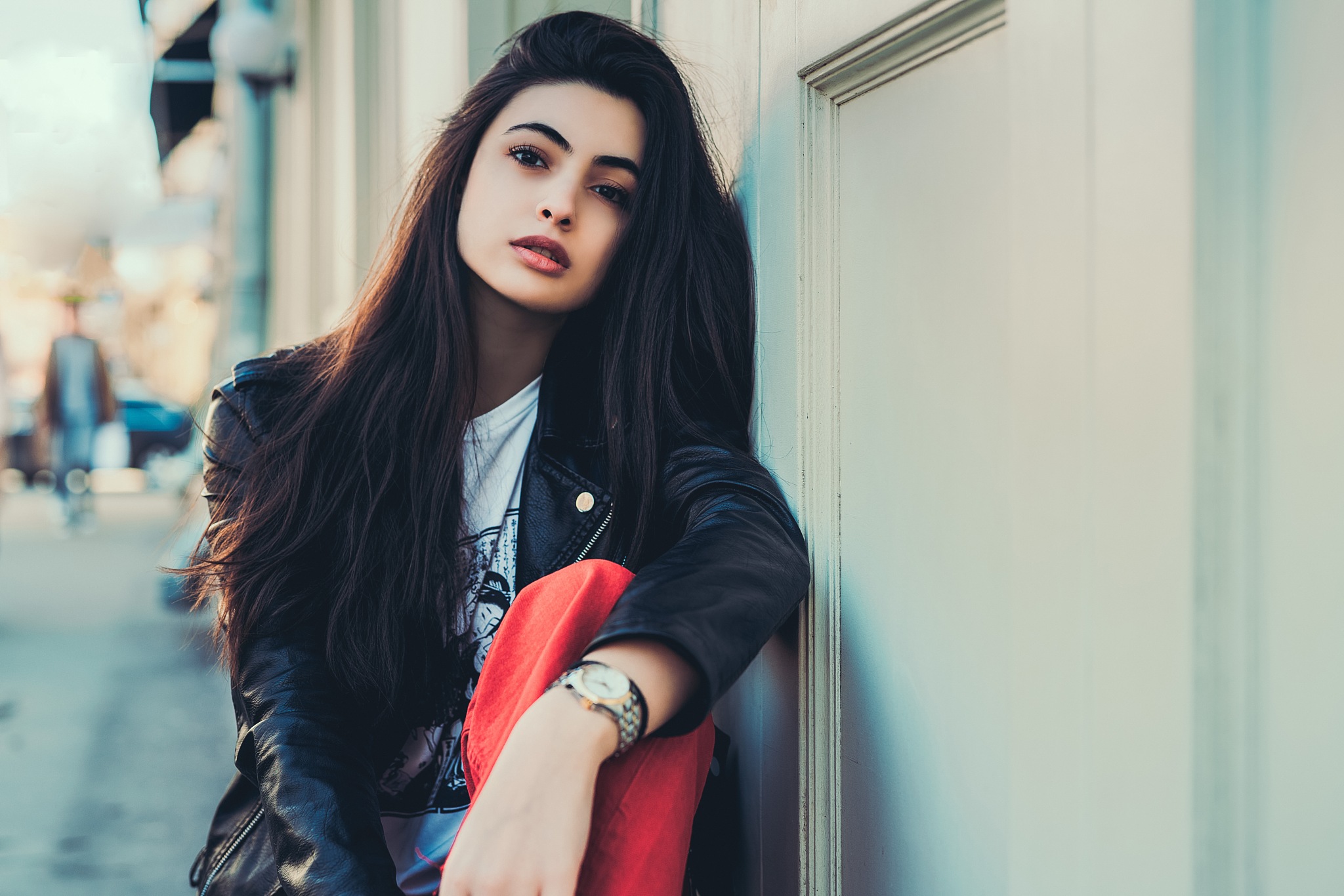 Women Brunette Brown Eyes Looking At Viewer Leather Jackets Open Mouth Sitting Depth Of Field White  2048x1366