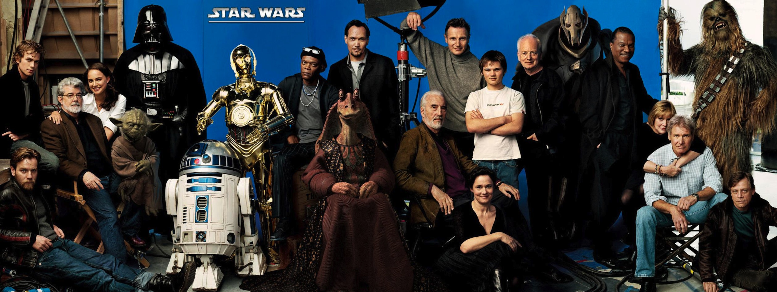 George Lucas C 3PO Jar Jar Binks Harrison Ford R2 D2 Chewbacca Darth Vader Cast Yoda General Grievou 3048x1145