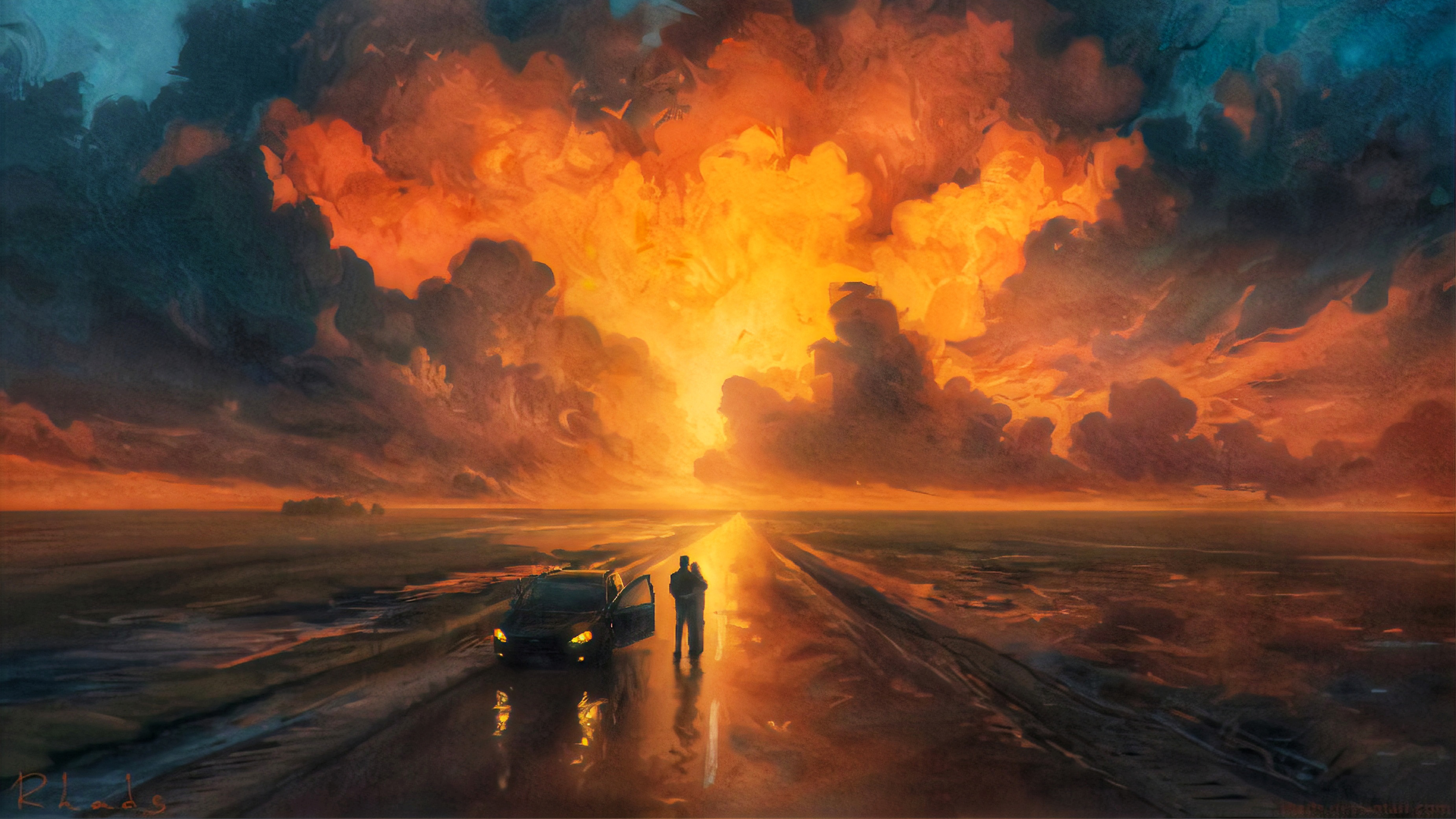 Illustration Sky Sunset Car Painting Artwork Fantasy Art RHADS Vehicle Road 3700x2081