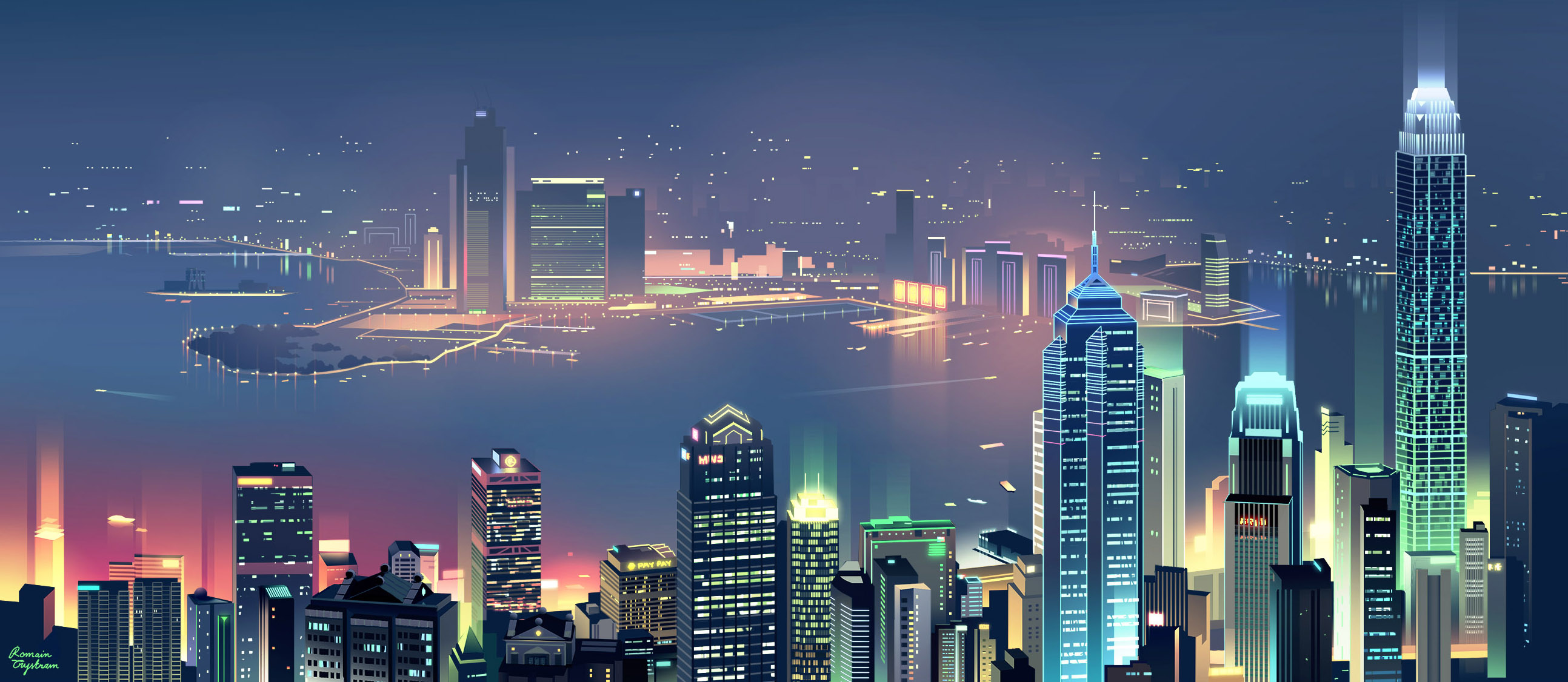 Digital Art Cityscape City Lights Colorful Skyline Hong Kong Romain Trystram 2587x1126