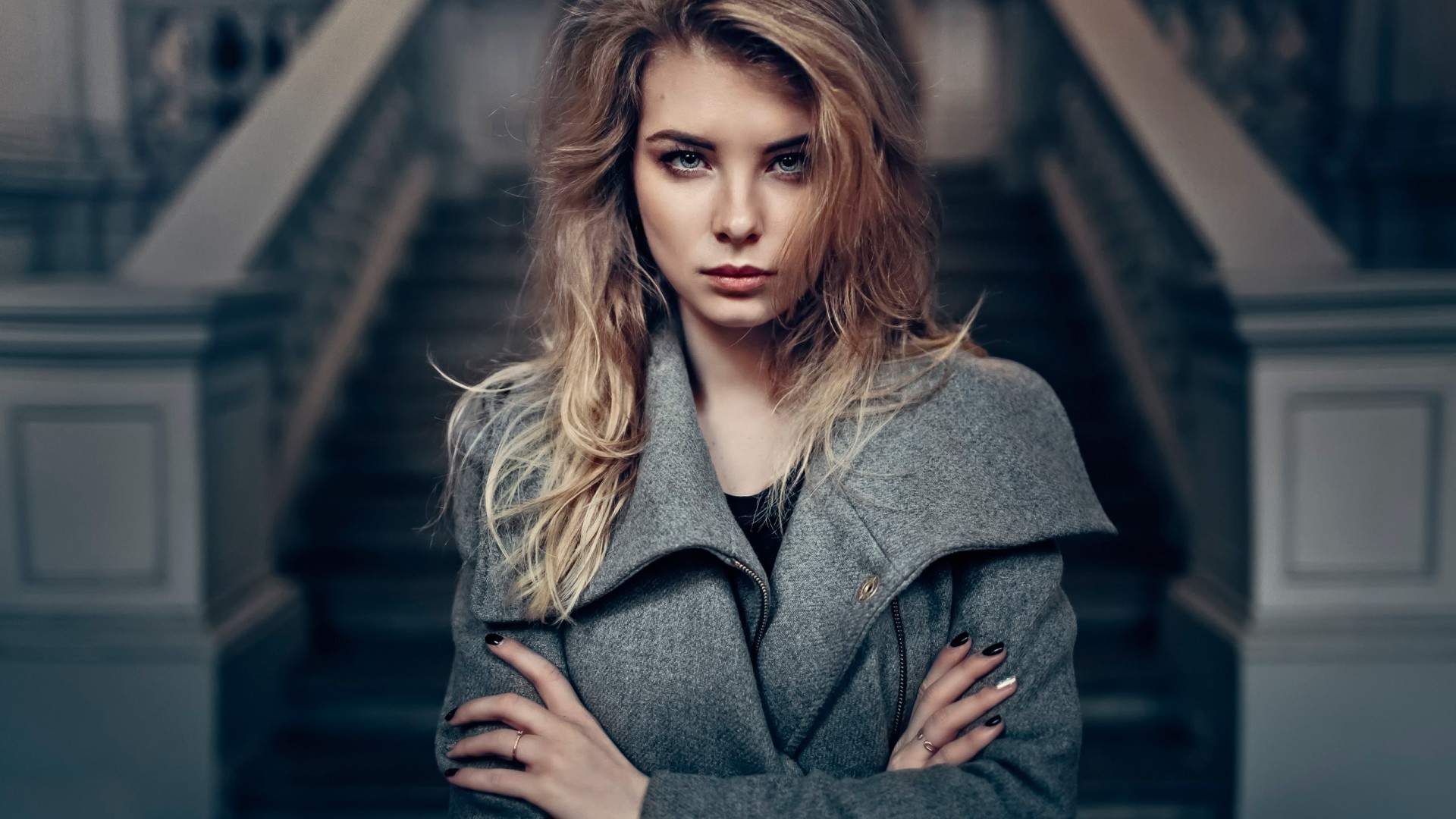 Women Face Blonde Irina Popova Coats Grey Coat Long Hair Looking At Viewer Model Arms Crossed Gray E 1920x1080