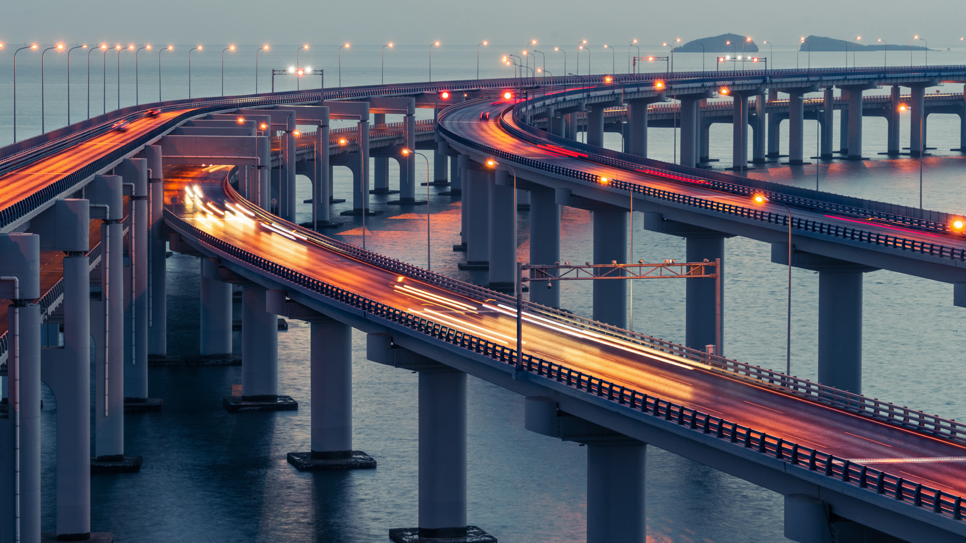 Dalian China Bridge Dusk Road Asia Traffic Long Exposure Light Trails Column 1920x1080