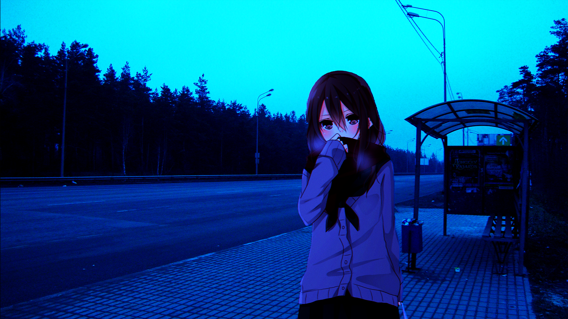 Anime Anime Irl Anime Girls Bus Stop Cold Empty Russia 1920x1080