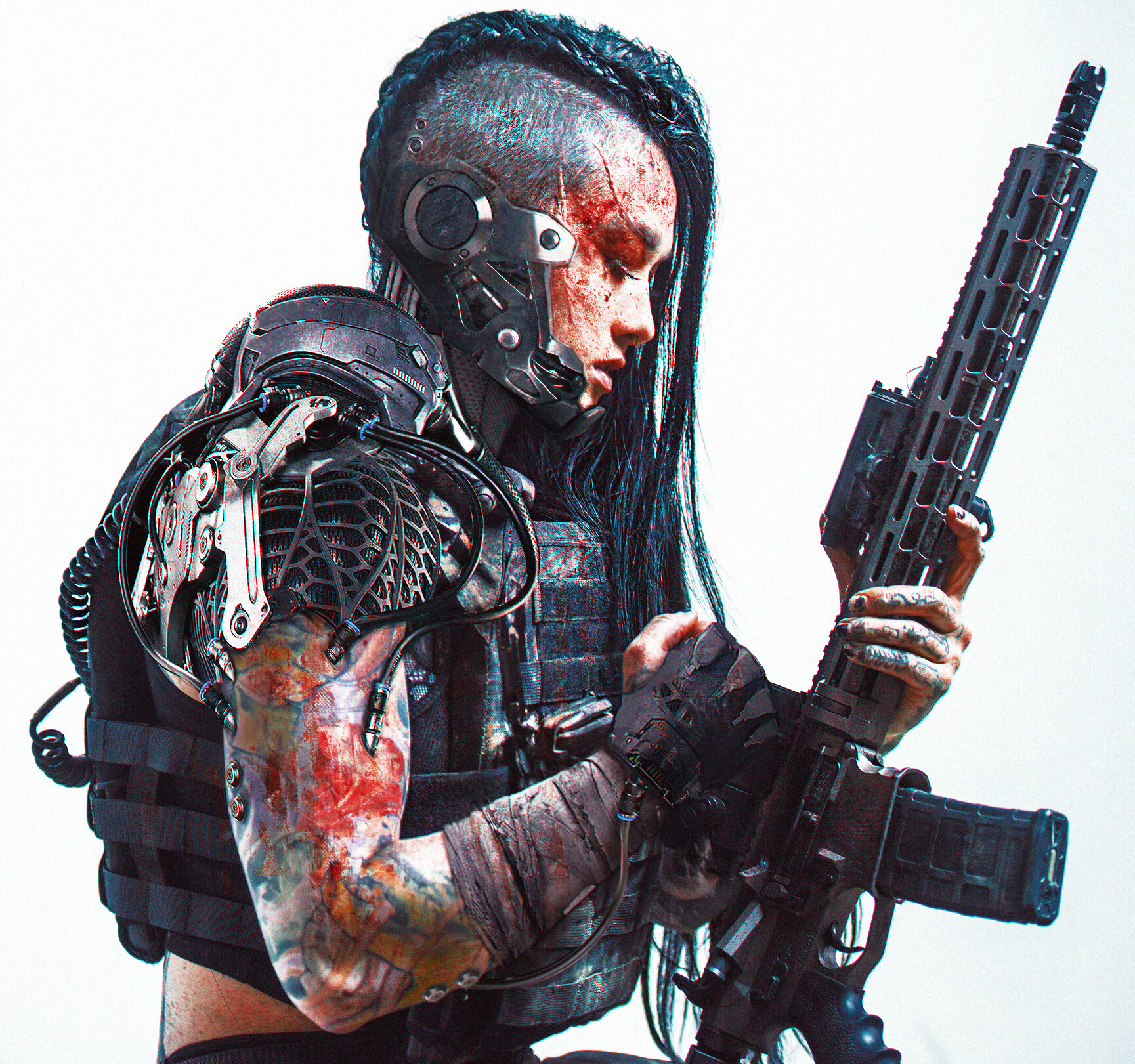 Artwork Abrar Khan Concept Art Women Soldier Science Fiction Futuristic Black Hair Tattoo Cyber Cybe 1729x1621