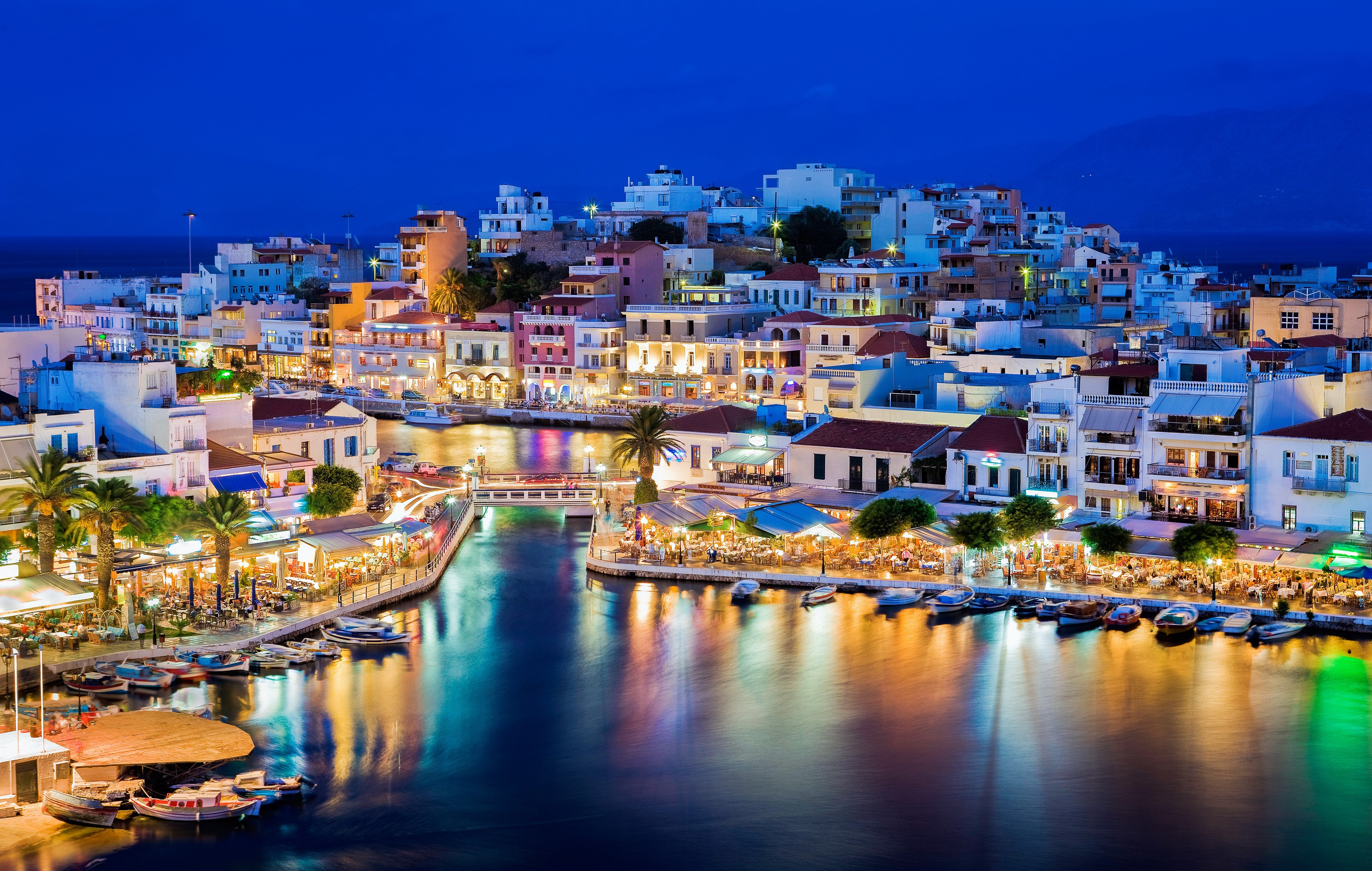 Crete Greece City Night Light House Reflection 4000x2539