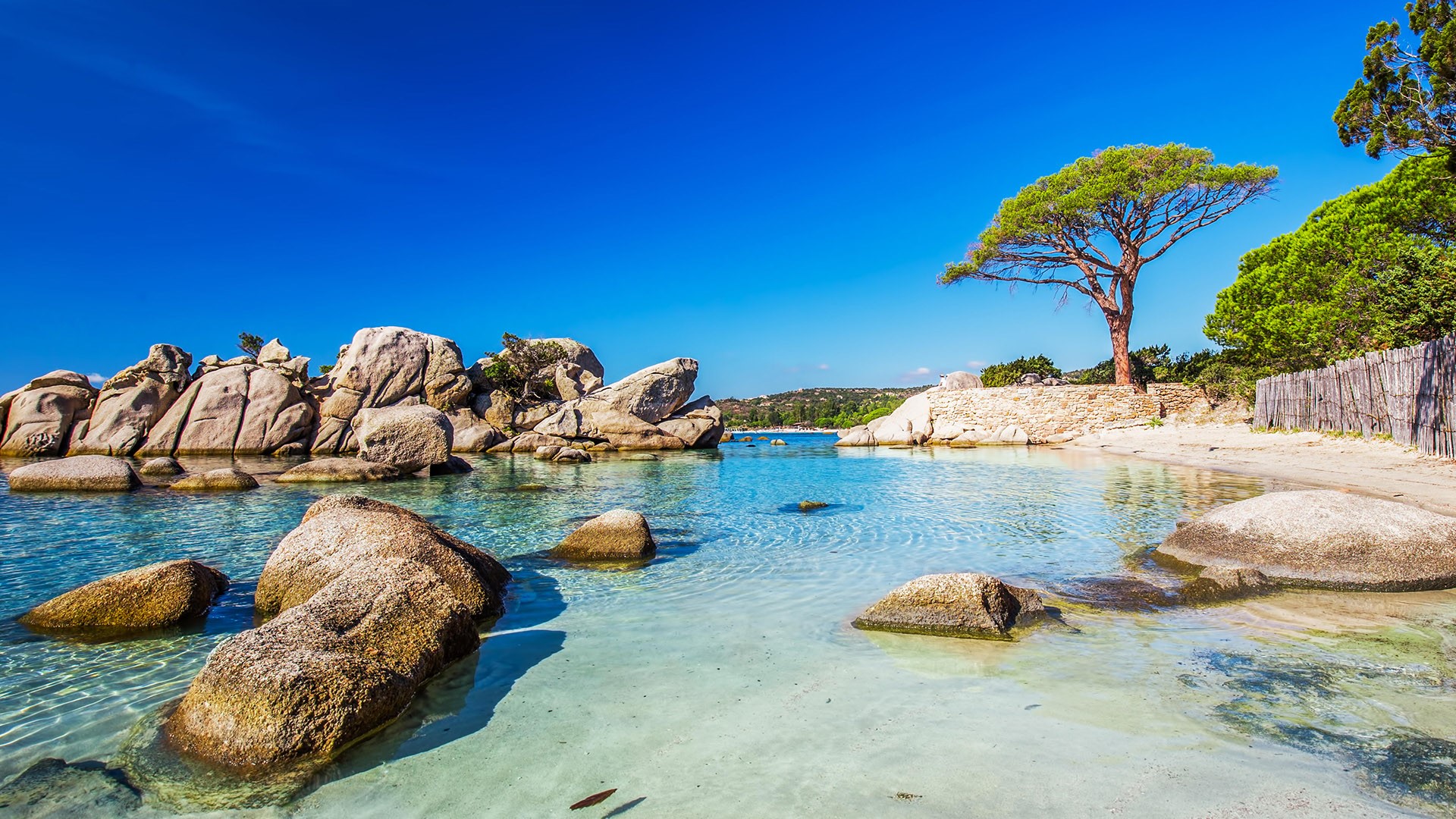 Nature Landscape Rocks Water Water Ripples Clear Sky Pine Trees Trees Corsica France 1920x1080