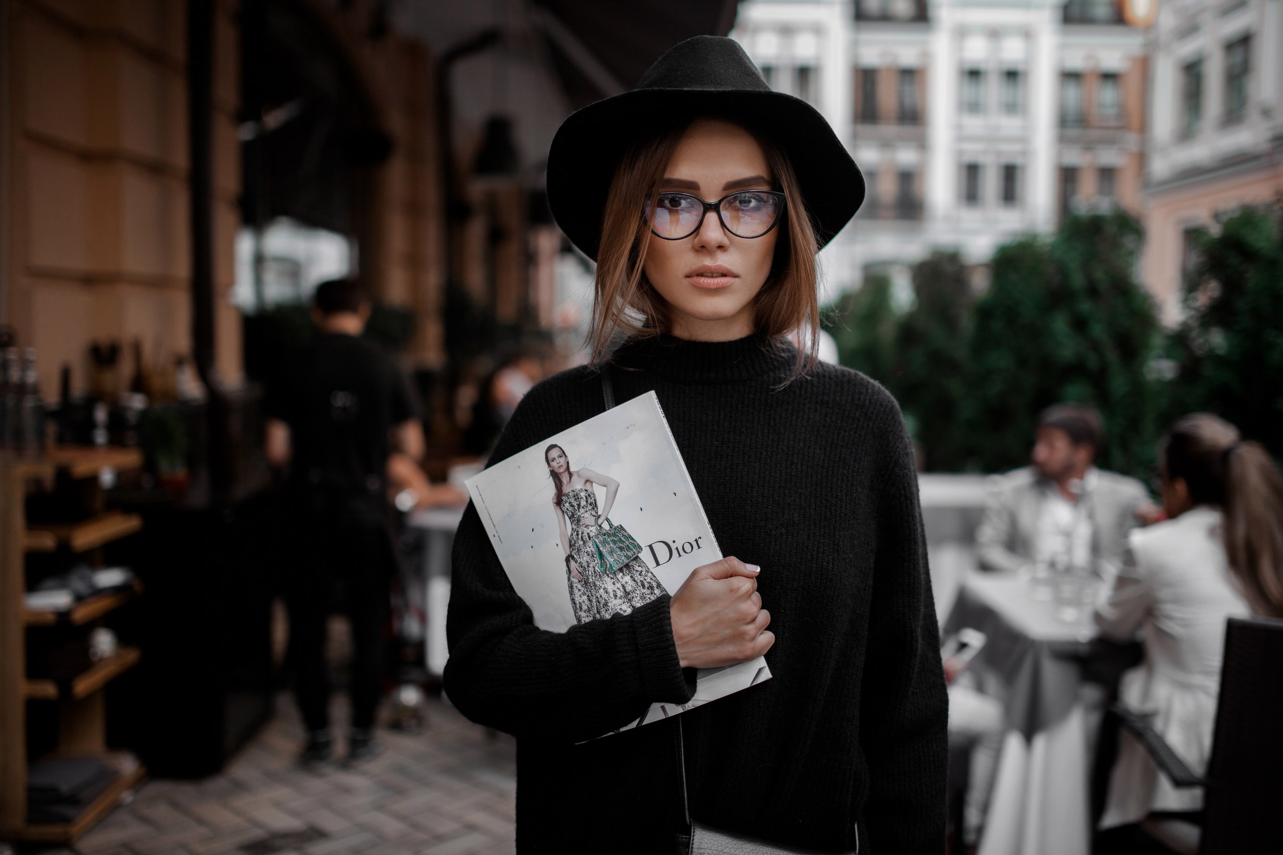 Women Women Outdoors Women With Glasses Hat Brunette Black Clothing Face Portrait Alisa Sukhoyvan Da 2560x1707