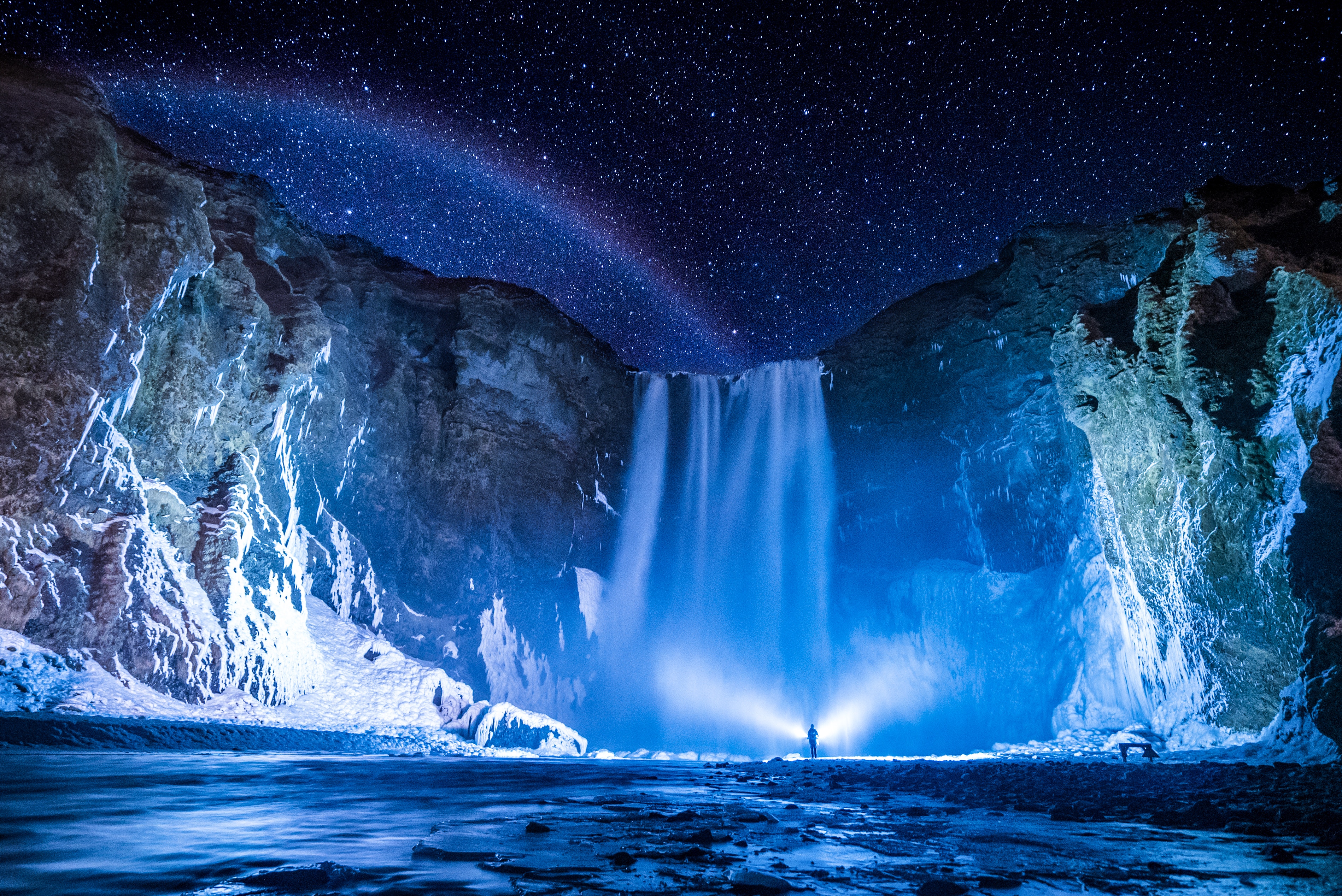 Iceland Skogafoss Water Night Landscape Waterfall Nature Starry Night Astronomy Stars Lights Outdoor 3797x2536
