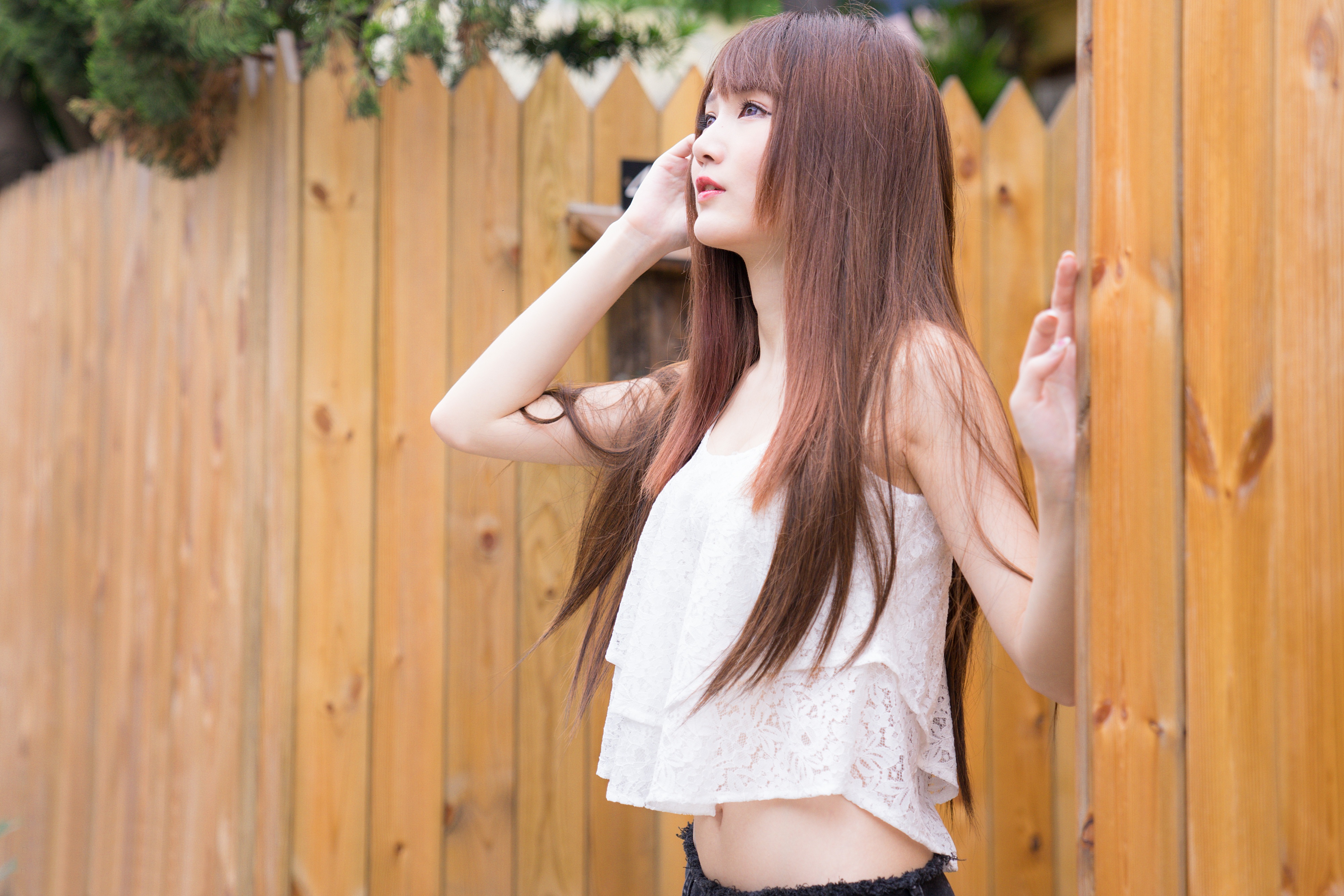 Asian Women Model Long Hair Brunette White Tops Navels Looking Into The Distance Wood Fence 4000x2667