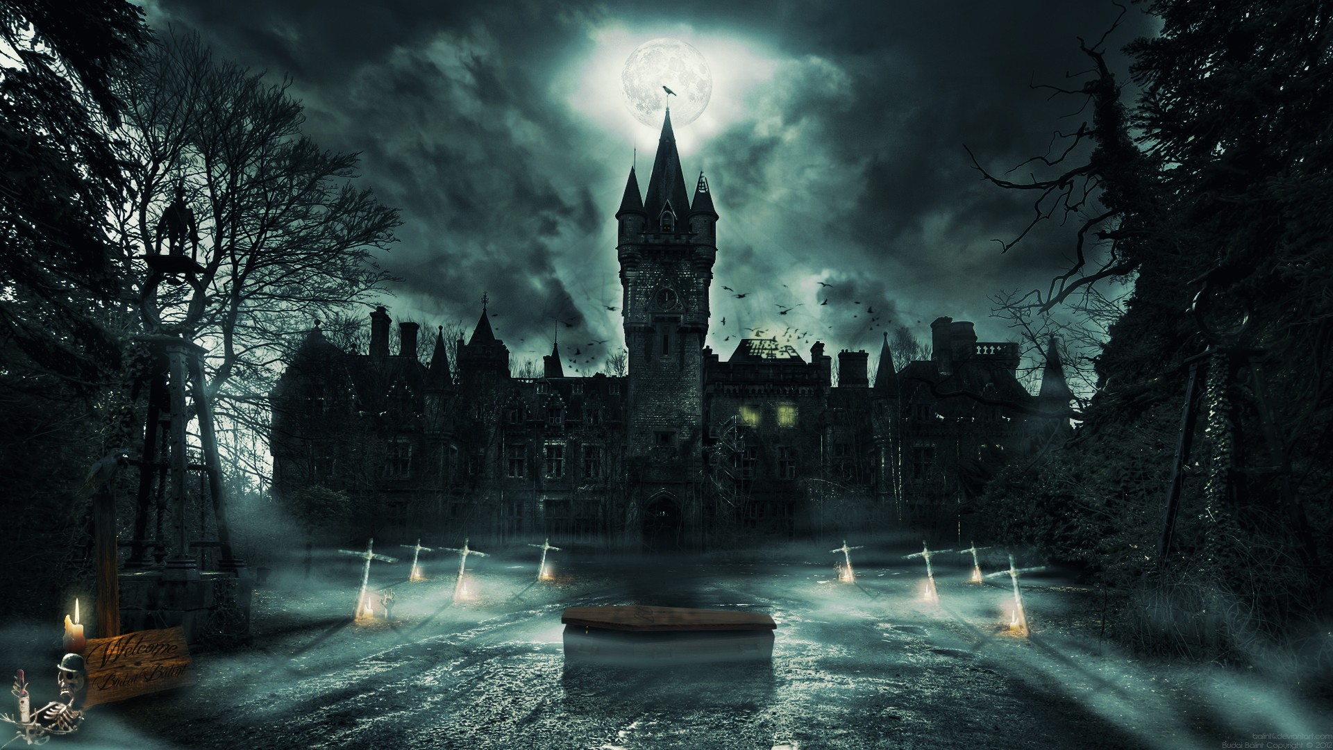 Castle Dark Gothic Night Cross Skeleton Moon Coffin Grave 1920x1080