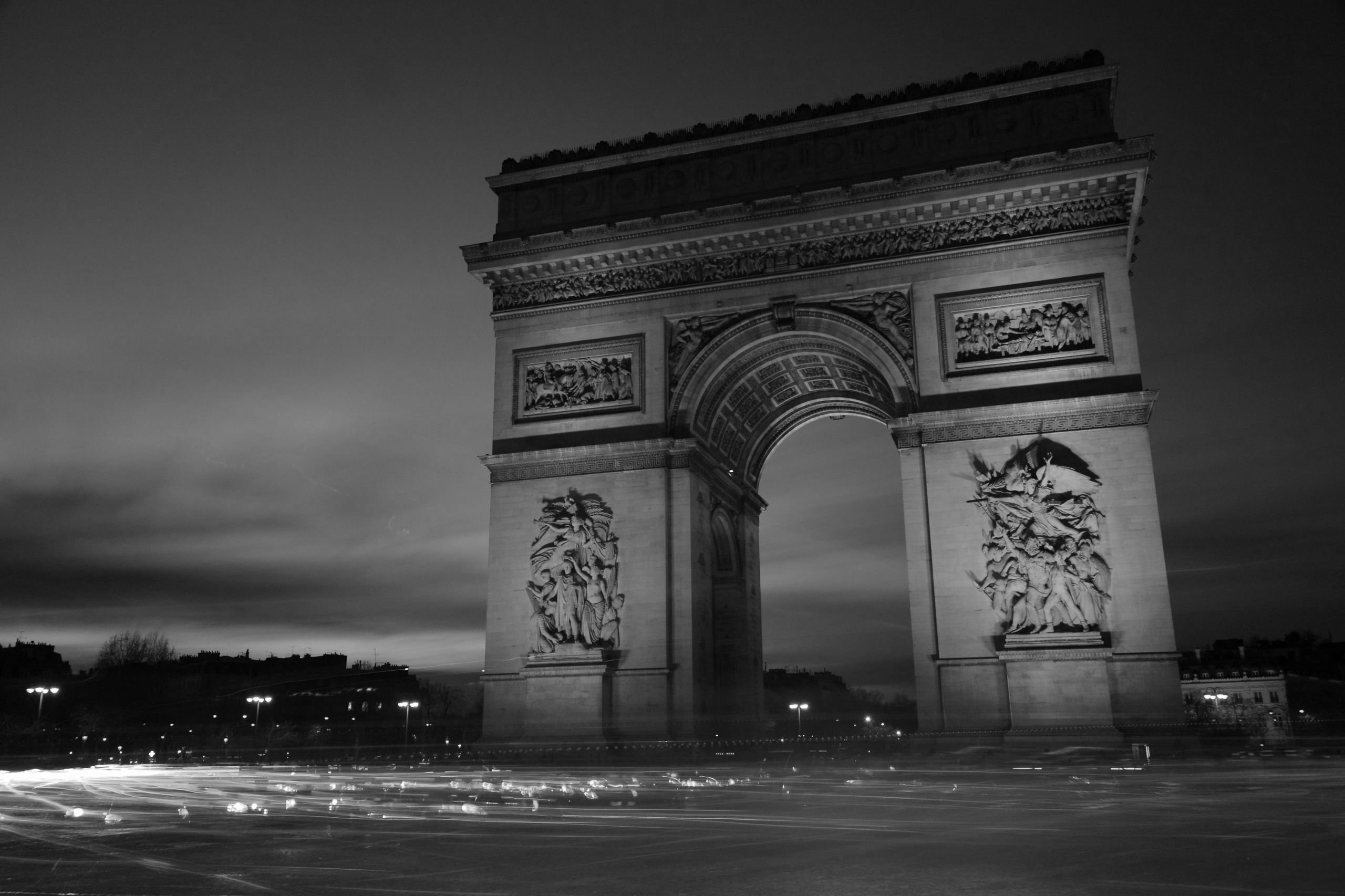 Monochrome Architecture Paris Arc De Triomphe Capital France Evening Traffic Light Trails Street Lig 2560x1706