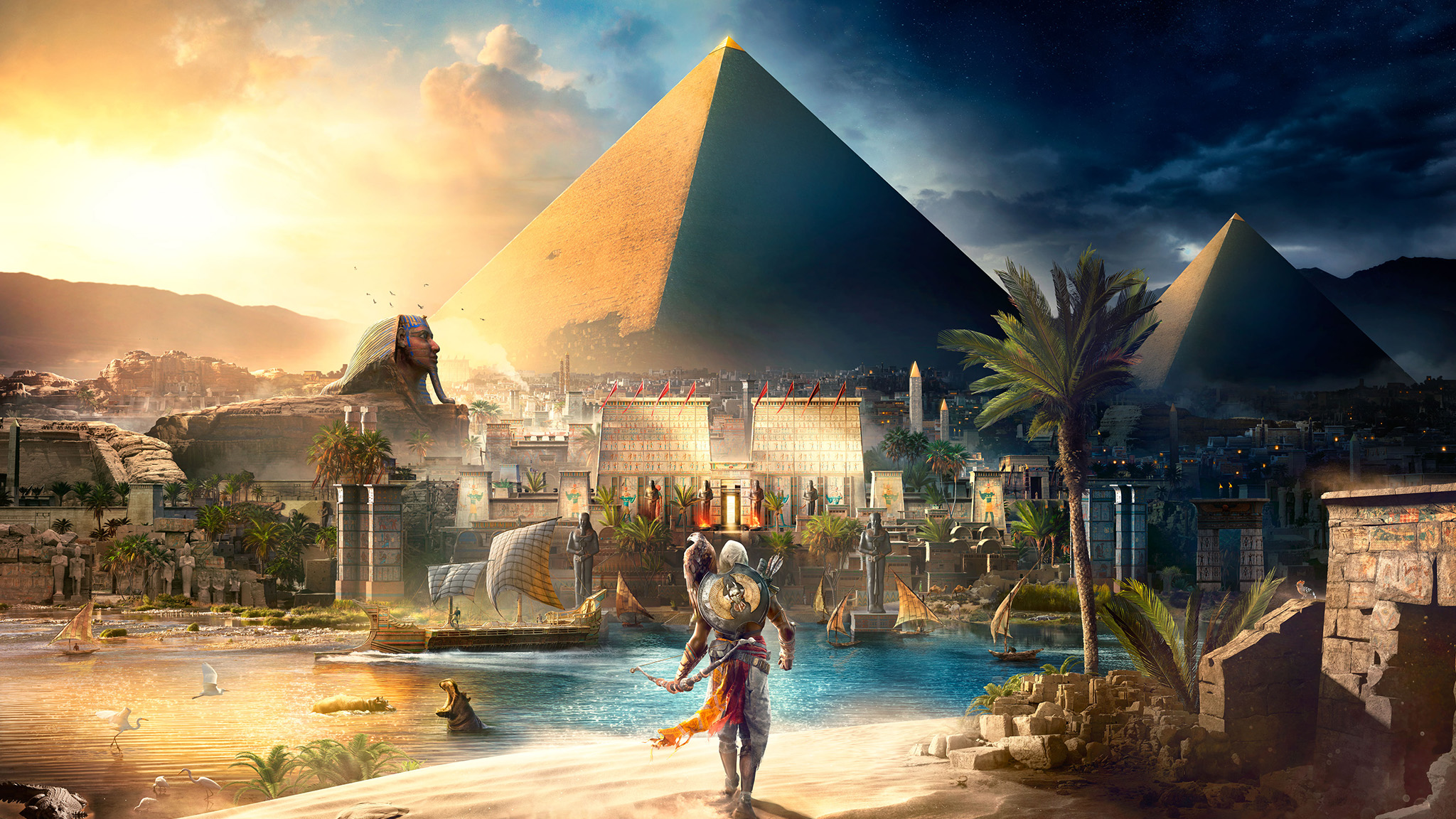 Assassins Creed Egypt Pyramids Of Giza Bayek Eagle Ubisoft Landscape Boat River Nile Video Games Sph 2048x1152