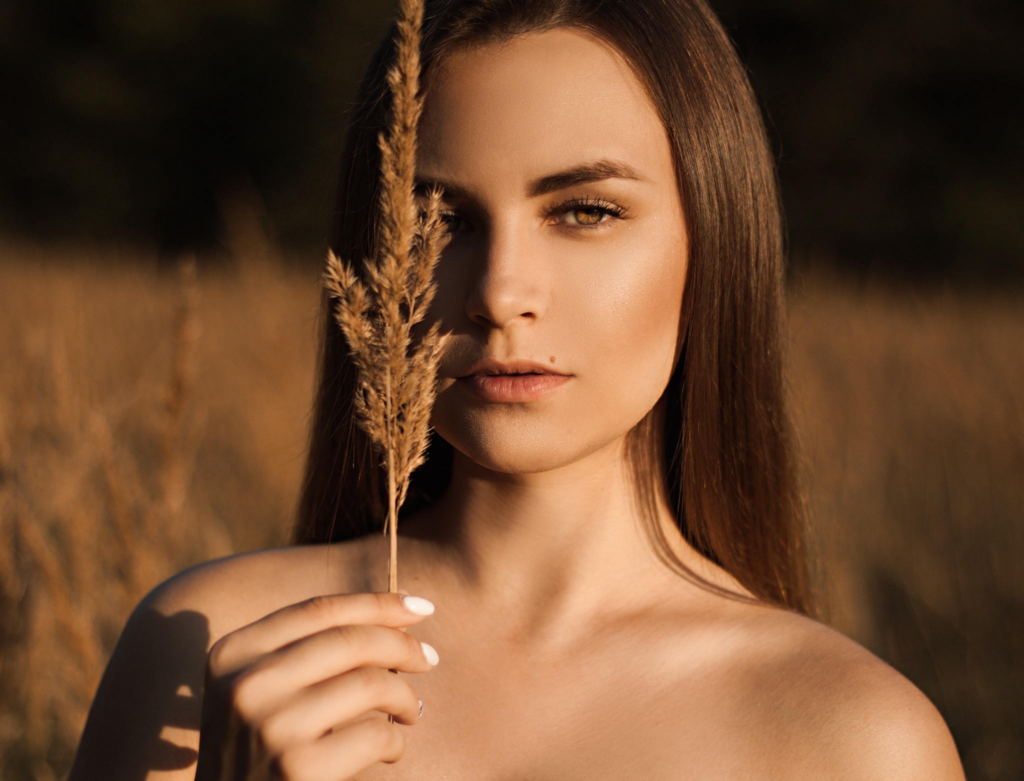 Ilya Baranov Women Model Brunette Outdoors Portrait Face Brown Eyes Bare Shoulders Depth Of Field Bo 2048x1563