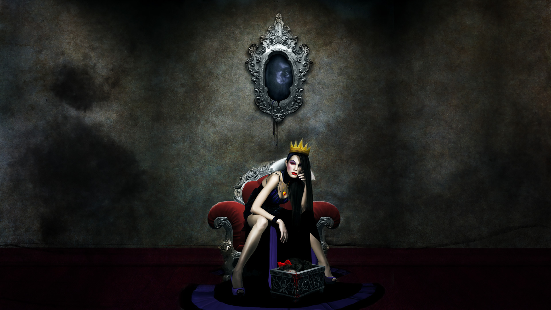 Snow White Dark Fantasy Dark Hair Crown Legs Necklace Fantasy Girl Fantasy Art Queen Royalty 1920x1080