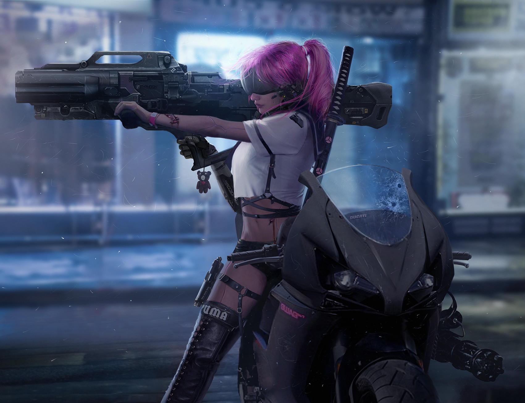 Digital Art Women Pink Hair Motorcycle Weapon Science Fiction Fantasy Art Warrior Katana Fan Art Fut 1700x1307