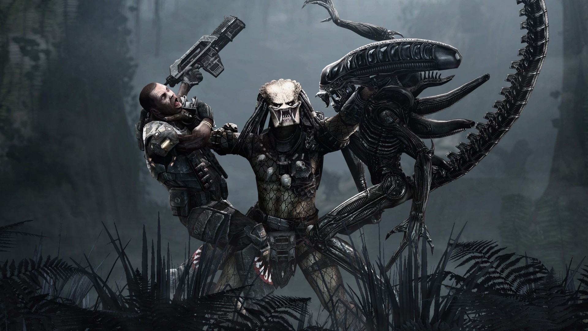 Artwork Aliens Predator Movie Aliens Movie Men Gun Battle Science Fiction Fantasy Art Alien Vs Preda 1920x1080