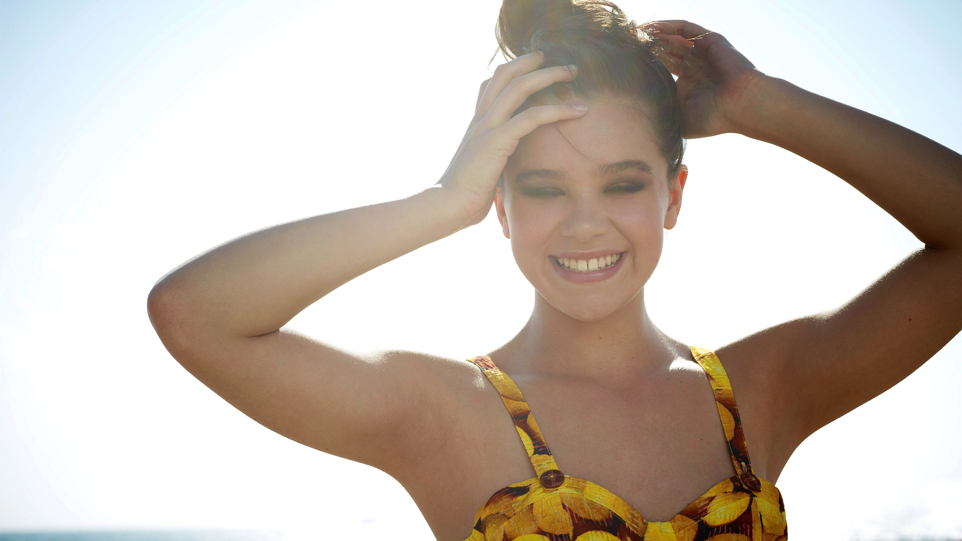 Hailee Steinfeld Women Actress Brunette Hairbun Closed Eyes Smiling Overexposed Hands In Hair Armpit 3840x2160