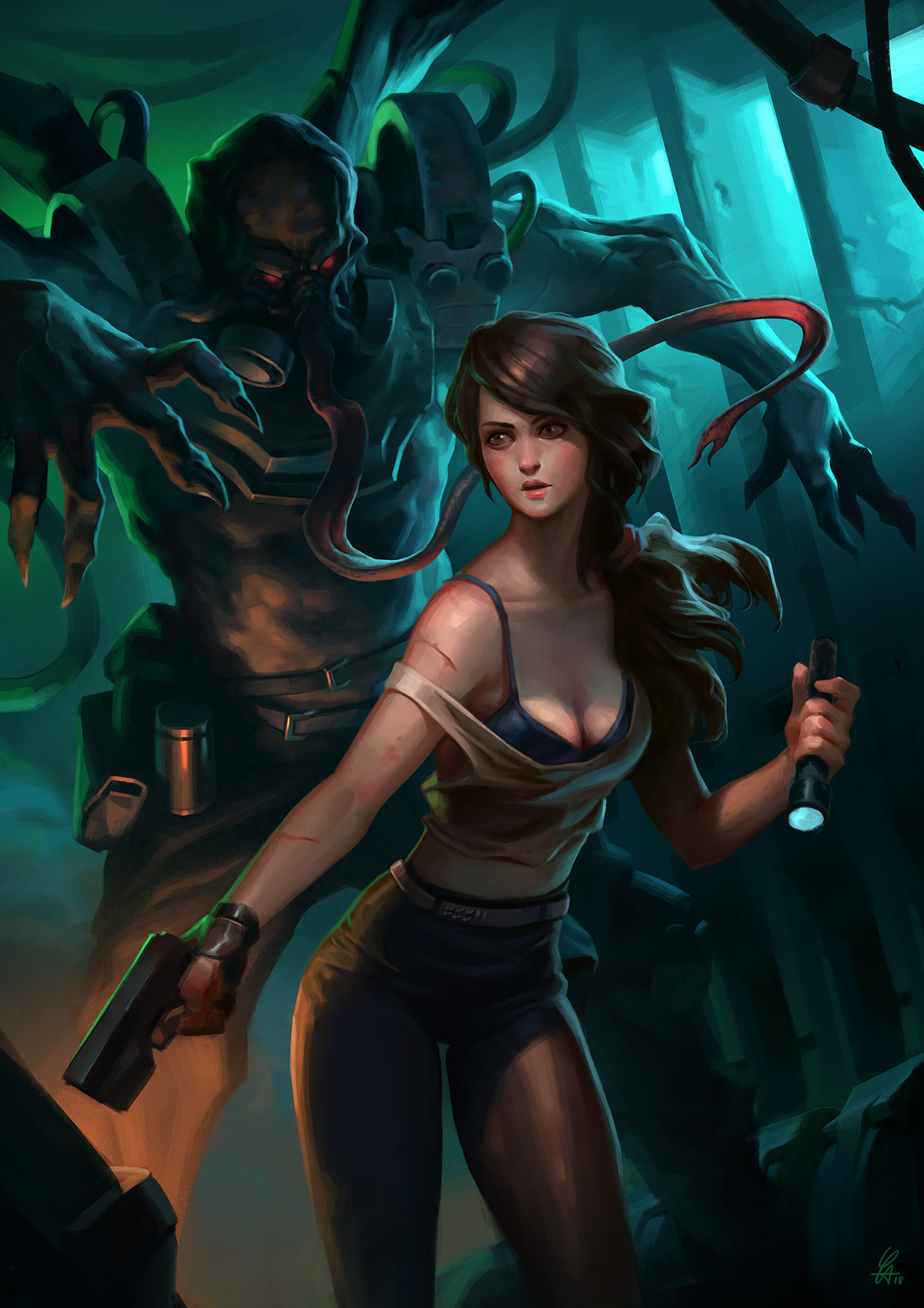 Le Long Digital Art Brunette Long Hair Blouse Creature Gun Night Cyan 1200x1698