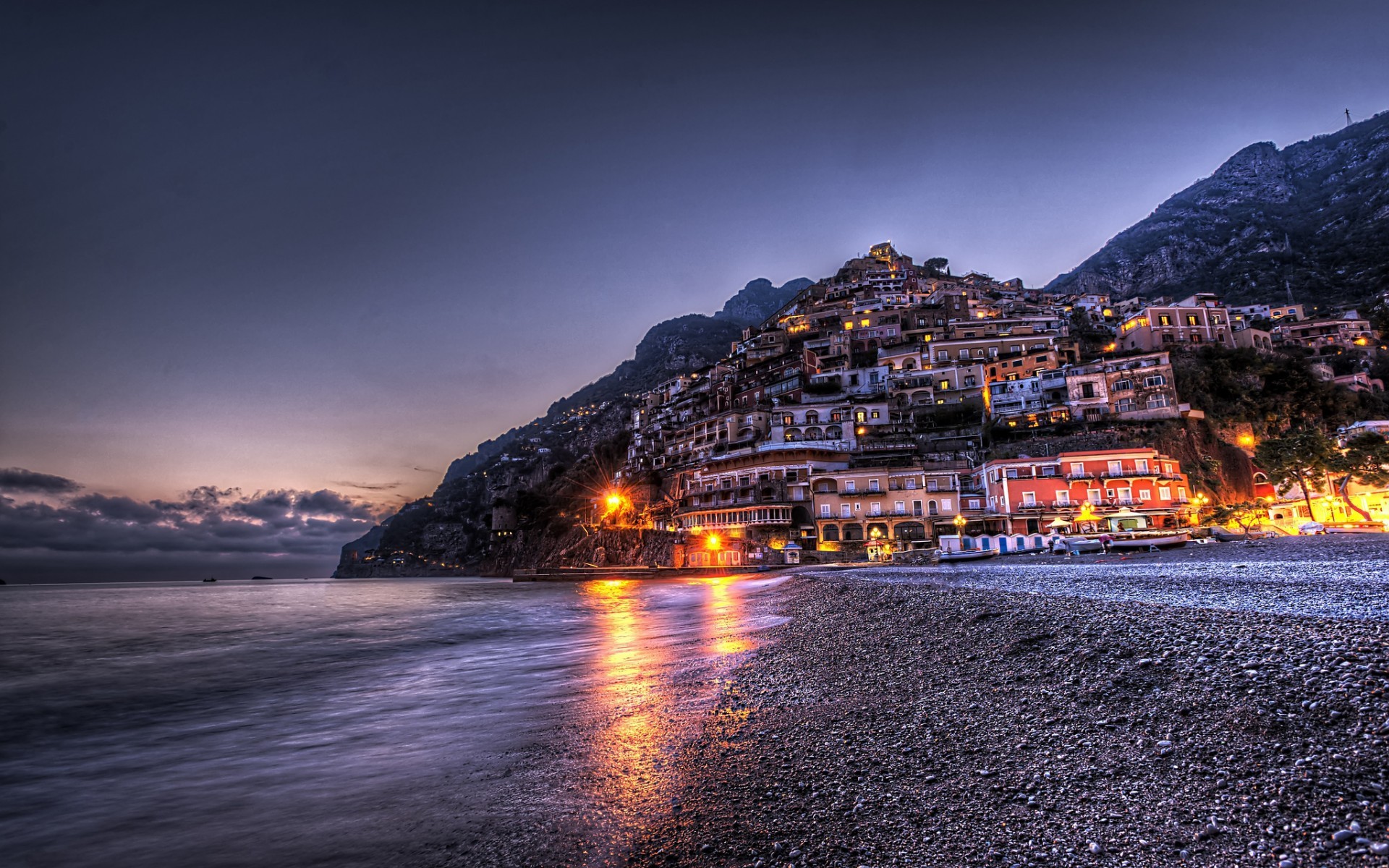 Beach Italy Town Dusk Sea Positano Campania Salerno Lights Sunset 1920x1200